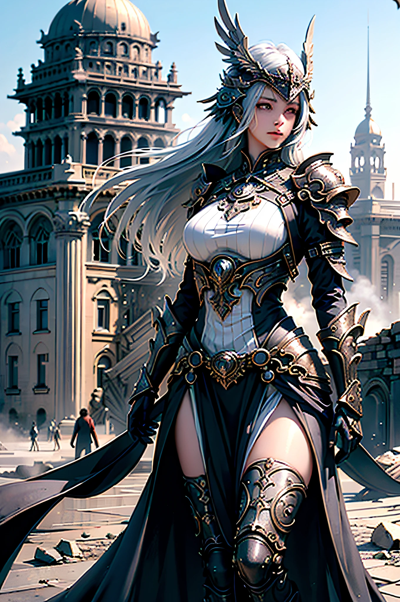 ((Woman, standing on ruined building, close-up, realistic)) realistic visuals, artistic refinement, captivating beauty, dramatic contrast, 8k wallpaper, absurdity, incredible absurdity, silver helmet gadaxintai gaodanvshen