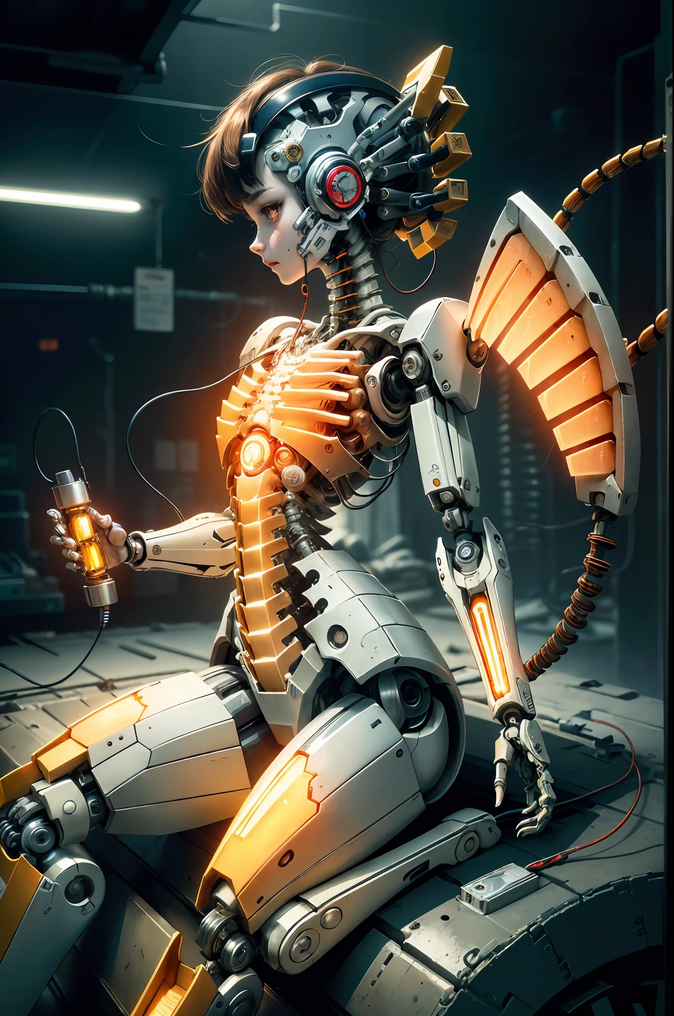(masterpiece, top quality, top quality, official art, beautiful and aesthetic: 1.2), (1 girl: 1.3), highly detailed, colorful, best detailed ((ultra detailed)), (highly detailed CG illustration), ( (very delicate and beautiful)), (from the side), cinematic light, ((1 mechanical girl)), solo, full body, (machine joints: 1.2), ((machine limbs)), (connected to tubes) (mechanical vertebrae attached to the back), ((mechanical cervical vertebrae attached to the neck)), (sitting), expressionless, (wires and cables attached to the neck :1.2), (head wires and cables: 1.2) (character focus), sci-fi, white background, (blood: 1.5)