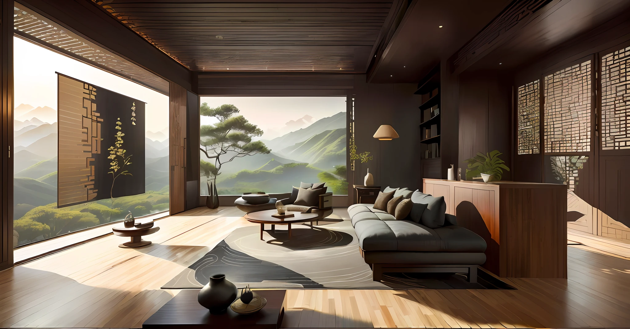 There is a living room with sofa and table, dignified and zen, modern comfort, landscape painting, furniture porcelain, symmetrical design, Chinese partition, original mahogany bamboo weaving, gray-black brown type, screen partition fan couplet, fine details, 8k
