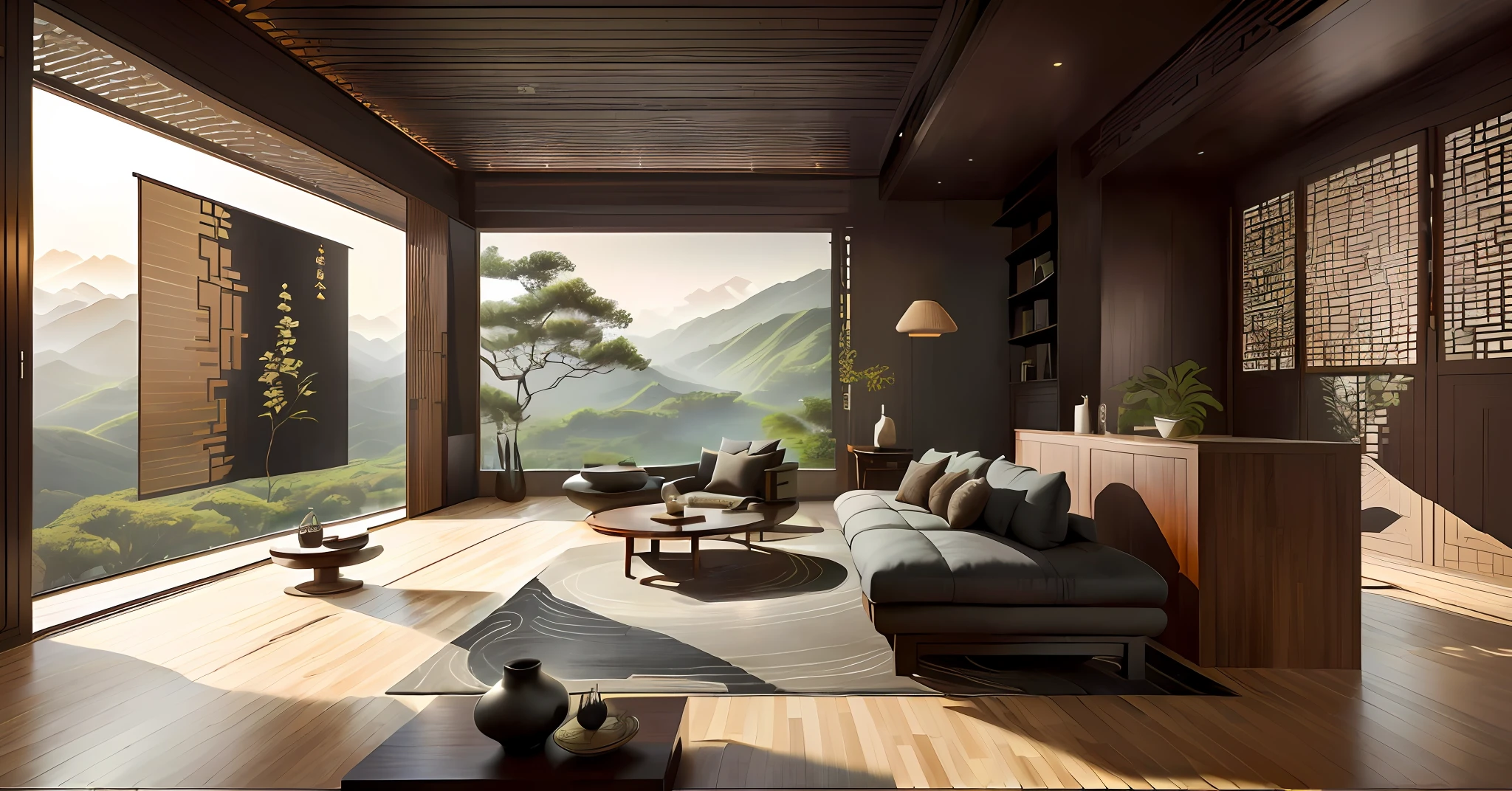 There is a living room with sofa and table, dignified and zen, modern comfort, landscape painting, furniture porcelain, symmetrical design, Chinese partition, original mahogany bamboo weaving, gray-black brown type, screen partition fan couplet, fine details, 8k