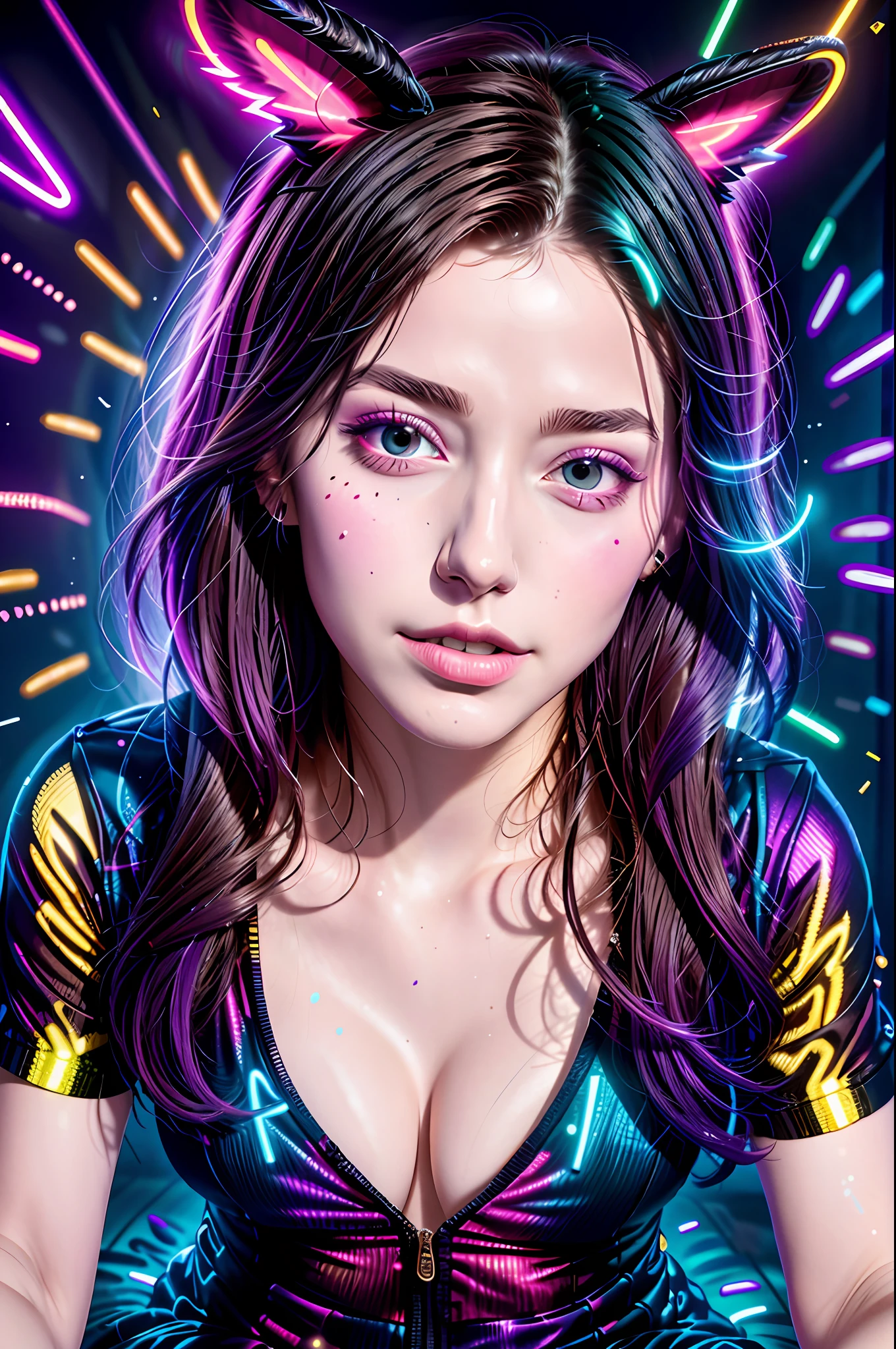 (close-up), portrait, portrait, (solo), masterpiece, best quality, clothes

high contrast, psychedelic, [[[lsd]]], particles, bloom, neon lighting, (glow), flat color, splashes of color, colors mashing