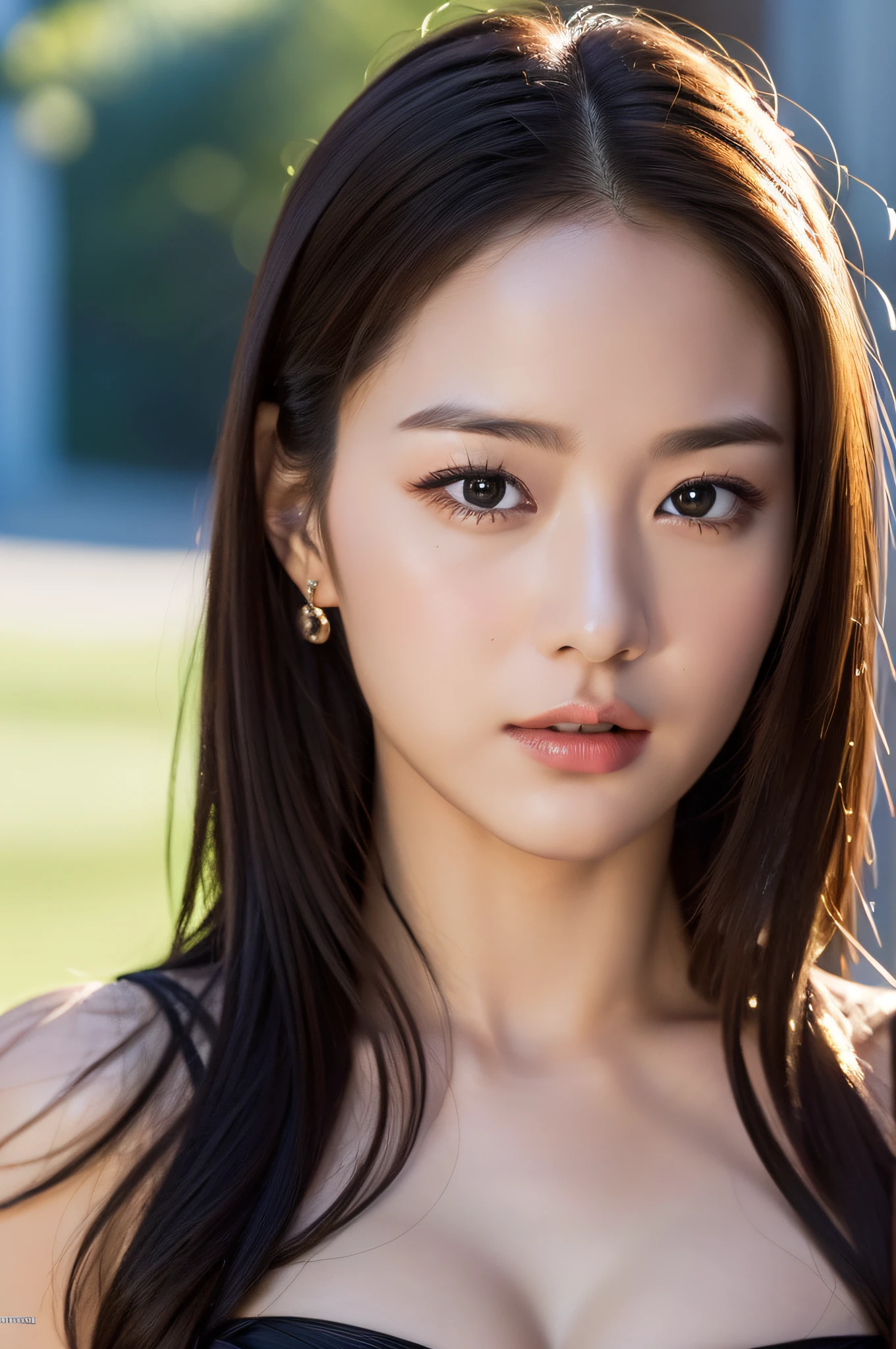 ((Top Quality, 8K, Masterpiece: 1.3)), Sharp Focus: 1.2, (Cute Actress: 1.3), Realistic Photo, (Shiny Skin: 1.3), Realistic Photo, Black Hair, Realistic Pupil, Movie Lighting, Highly Detailed Eyes and Face, medium Cleavage