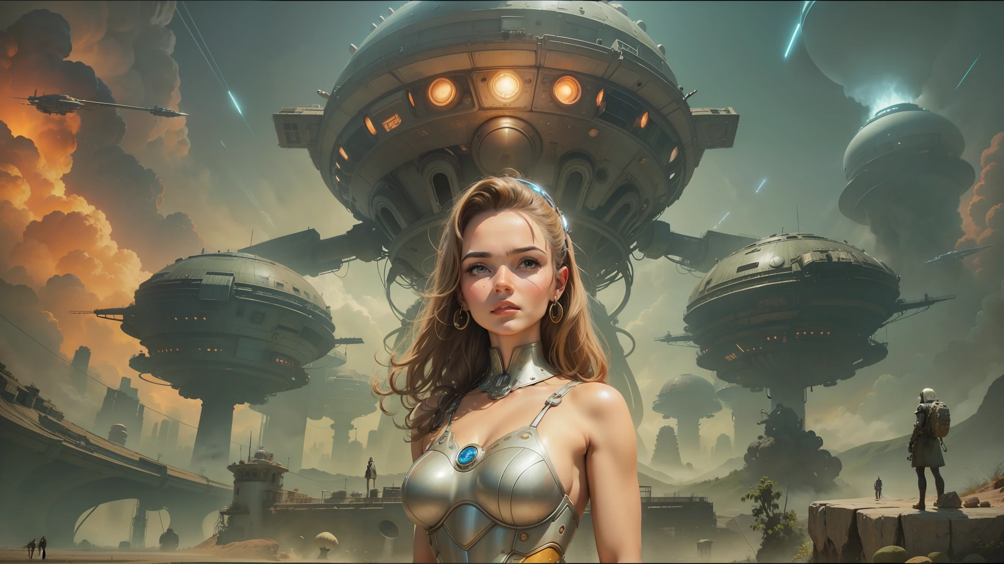 arafed image of a woman in a dress standing in front of a sci - fi scene, movie promotional art, inspired by Stevan Dohanos, view is centered on the robot, youtube thumbnail, el dorado, mushroom cloud in the background, sfw huge breasts, the jewelpunk aesthetic, symmetrical artwork. cinematic, 6 0 s colour palette, brown armor --auto --s2