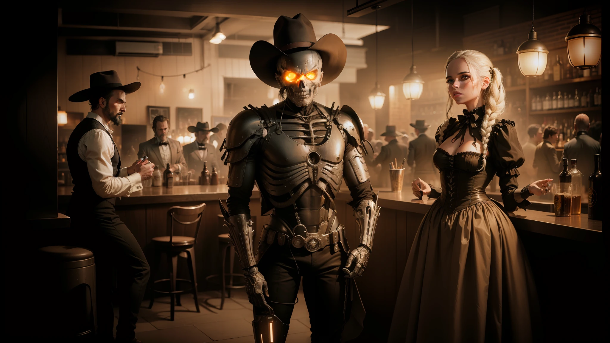 there are two people dressed up in costumes standing in a bar, cinematic still of westworld, benevolent android necromancer, behance contest winner, anthropomorphic _ humanoid, old west town, terror glow, nikon d 7 5 0, machine noir grimcore, by Laurie Lipton, duel between two cowboys, anatomically correct android, saguaro --auto --s2
