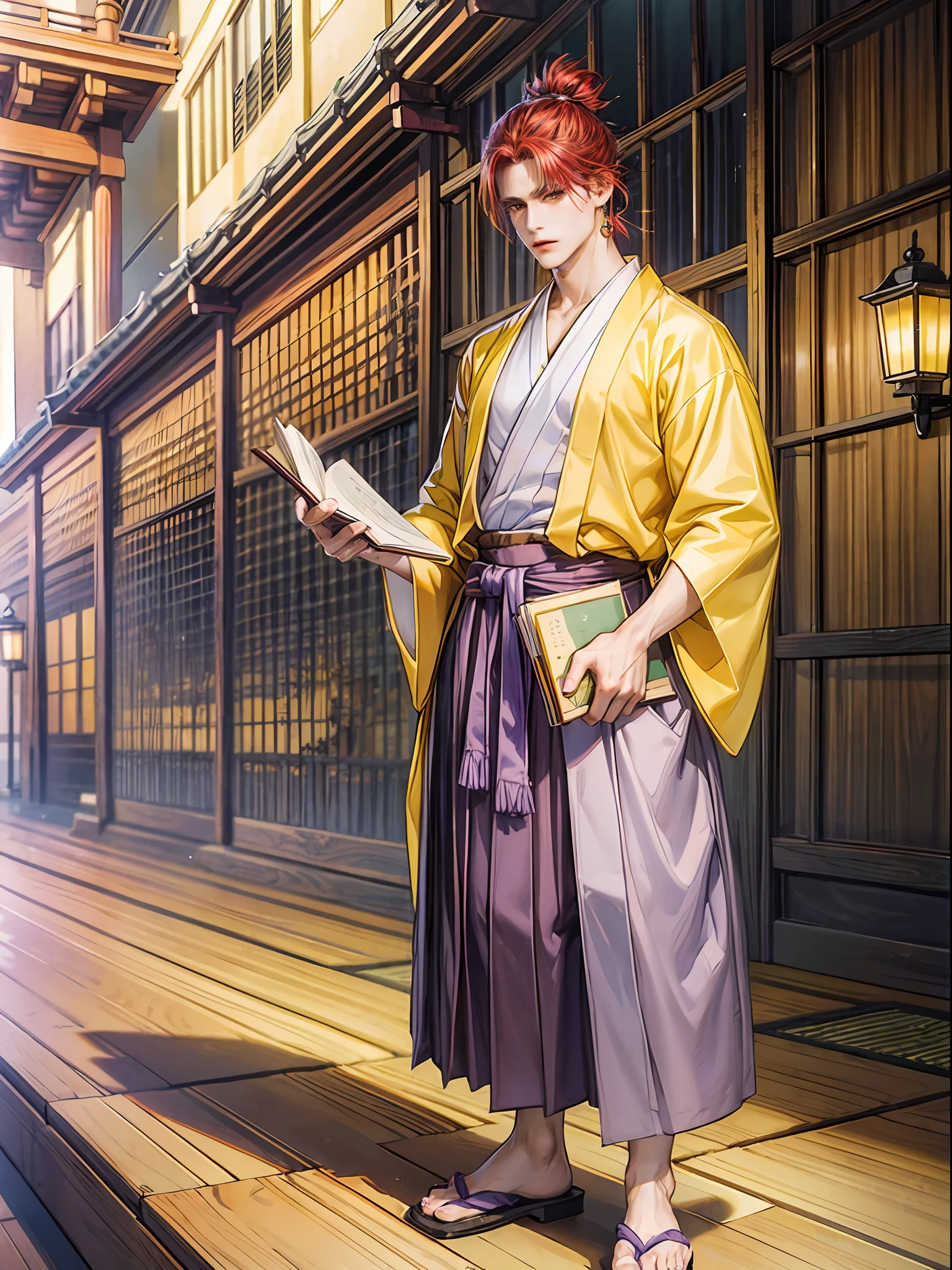 High quality, high resolution CG illustration, subject is handsome Japan man, full-length figure standing alone, mustard-colored shirt, large round earrings in both ears, (long purple hakama), reading with a book open, long crimson hair tied at the top, background removed. --auto --s2