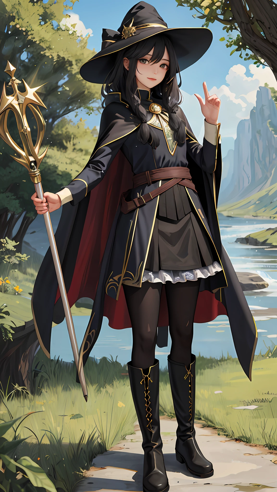 masterpiece, best quality, looking at viewer, wavy hair, fringe, long hair, fantasy, wizard, outdoors, staff, cape, hat, black_pantyhose, boots,
medium skirt,