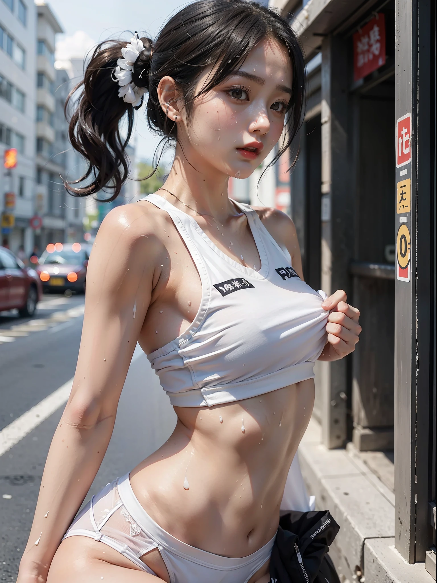 Pretty Japanese woman, dark hair, short pony tail, passionate, drooling, wearing white basketball jersey, underboobs, small breast, flat chest, white panties, sweating, wet, on the street, sunny day, smooth armpits