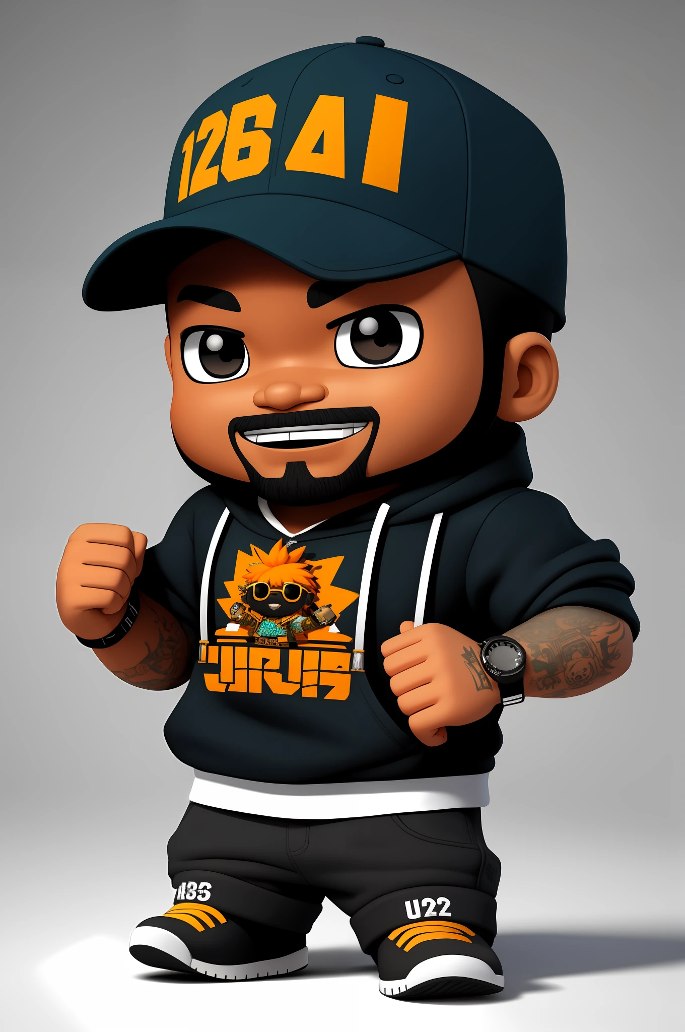 Create a 12K resolution of a 3D [gritty Hip Hop] chibi style character in detailed full body, highly detailed, vibrant, ultra high quality, Hyperrealism, Photorealism, [octane render]
