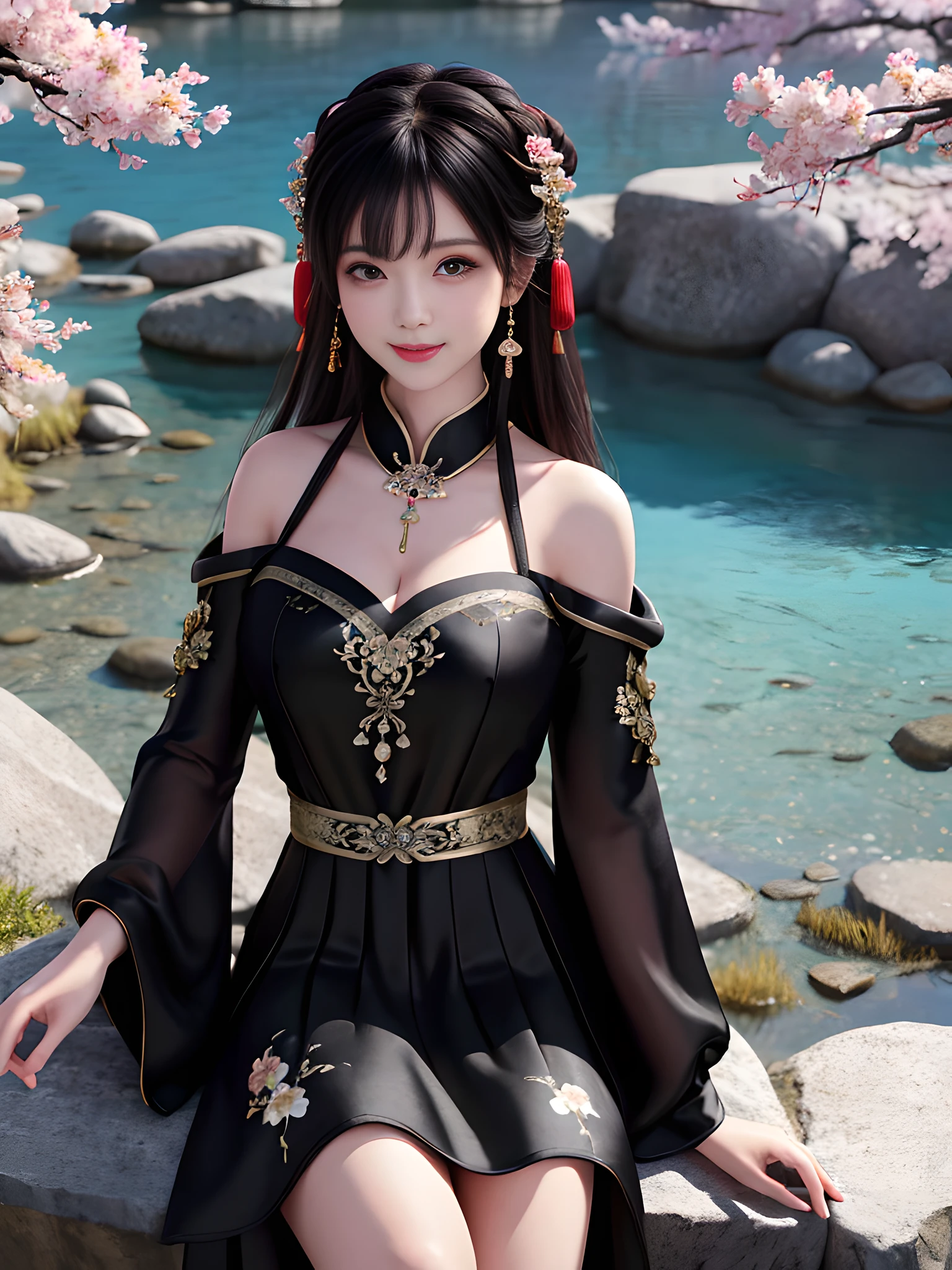 (((A girl))), ((solo)), (Best quality: 1.4), Masterpiece, High quality, High resolution, Excellent, Photo, 8k, wallpaper, very realistic and realistic, sitting on stone, (blush), star pupil, (realistic face), (high detail face), smile, healing smile, cherry lips, bright big eyes, delicate eyelashes, beautiful face, beautiful and delicate face, (high detail skin), soft light, Chinese Ming dynasty Hanfu, (((black dress))), ( Short skirt), (bandeau), (cleavage), (large chest), leaky shoulders, (leaky legs), long sleeves, (long hair), (bangs), (hair accessories), jewelry, necklace, jewelry, beauty, light, (mountain), (lake), (cherry blossoms)), high detail background, 8k, HDR, SLR, high quality, voyeur, photo, high resolution, 4k