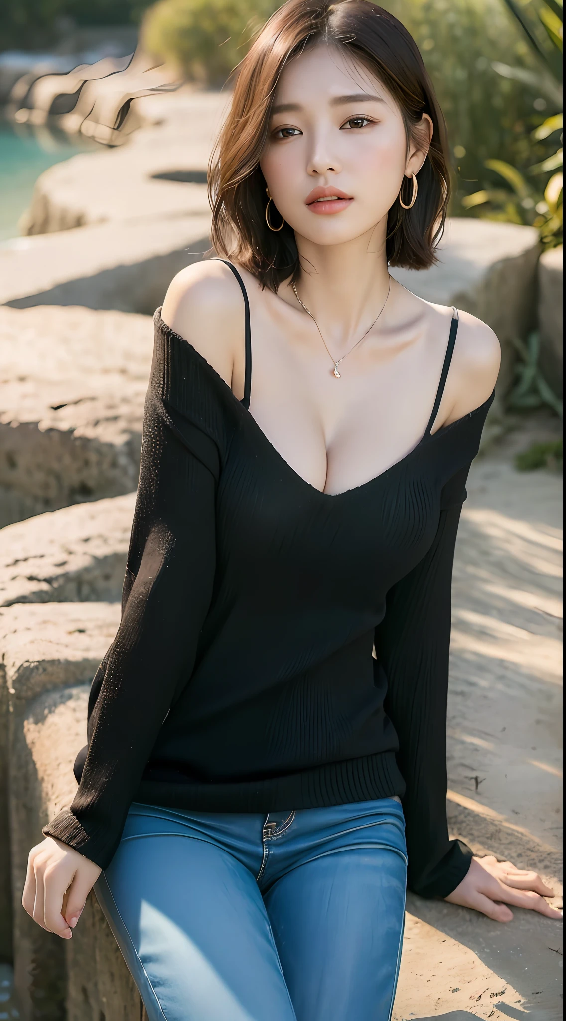 ((Realistic Sunlight, 8k, Top Quality, Masterpiece: 1.3)), (Realistic, Sharp Focus: 1.2), Raw Photo, Very Delicate and Cute Japan Girl: 1.4, (1 girl)), Perfect Style, Ultra Detailed, High Resolution, Black Long Pants, (Long Sleeve Sweater, Off Shoulder: 1.1), (Black Hair, Short Hair, Layer Cut: 1.2), cleavage, (Big, Full Body: 1.3) , Highly detailed face and skin texture, Highly detailed lip texture, Beautiful detailed eyes, face light, nose blush, shiny lips, eye makeup, slender abs: 1.2, necklace, earrings, beach, outdoor, realistic shadows,