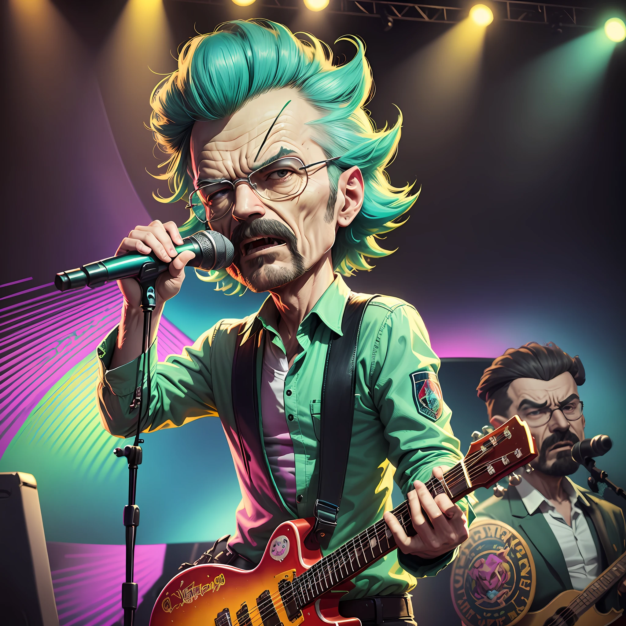 (best quality),high resolution, Walter White,(Mexican singer:1.2),in the Rick and Morty universe,an edgy and surreal crossover, vibrant colors of Mexico, singing on stage, microphone in hand, bright lights,exotic instruments,frenzied audience, vibrant stylization, dynamic camera angles.