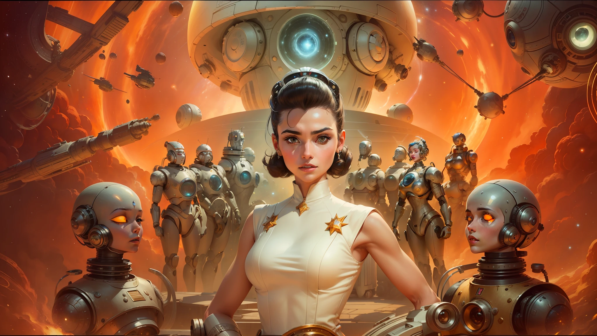 arafed image of a woman in a white dress standing in front of a group of robots, inspired by Stevan Dohanos, cosmic stars, panoramic centered view of girl, john stephens, post-nuclear, senior concept artist, pompadour, the jewelpunk aesthetic, widescreen ratio, divine cosmic female power --auto --s2