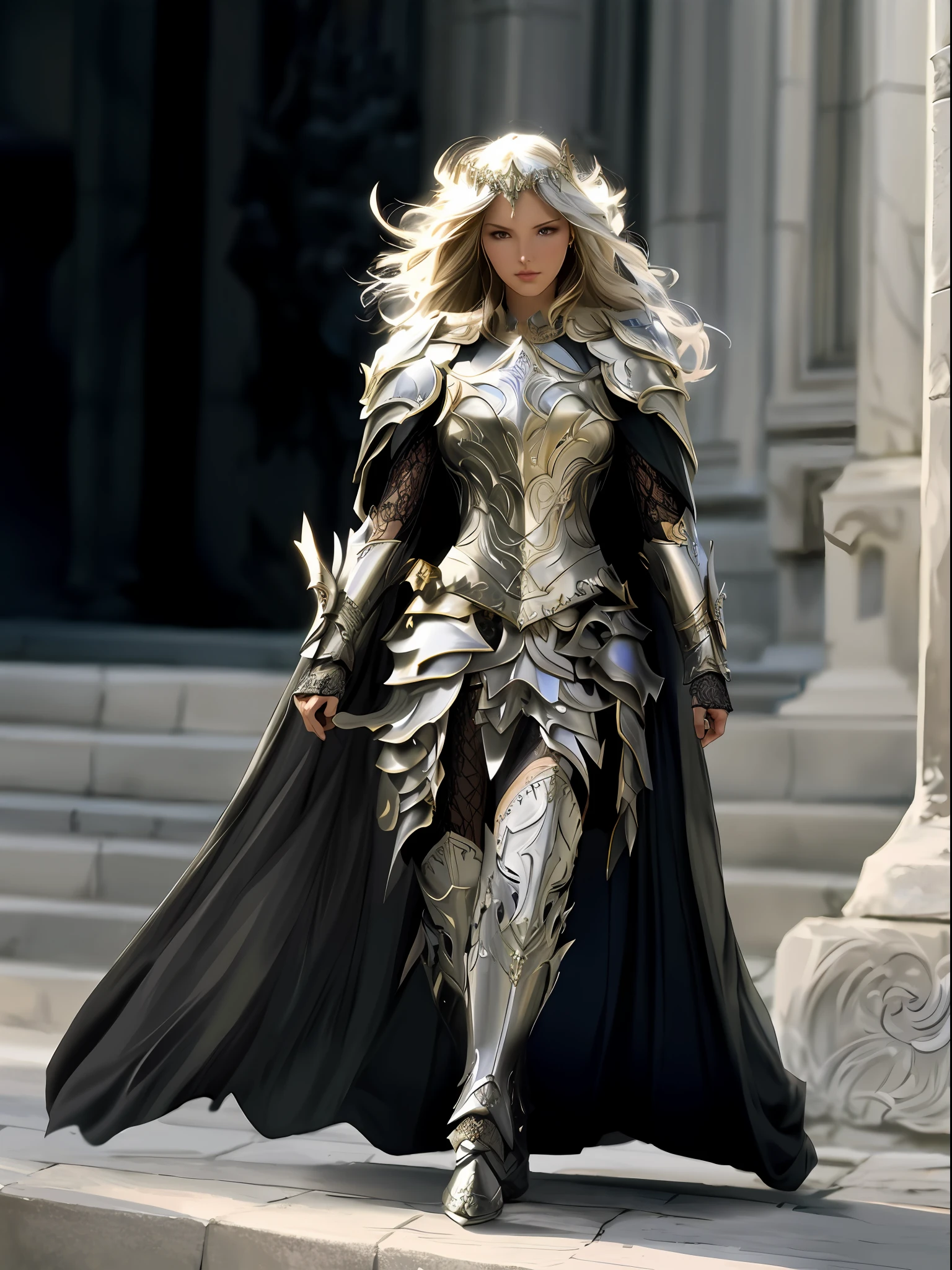arafed woman in armor walking down a set of steps, wearing fantasy armor, wearing witchblade armor, stunning armor, beautiful armor, of a beautiful female knight, clothed in ethereal battle armor, elven armor, elisha cuthbert as a paladin, wearing ornate armor, with sleek silver armor, fantasy armor, fantasy paladin woman, very stylish fantasy armor