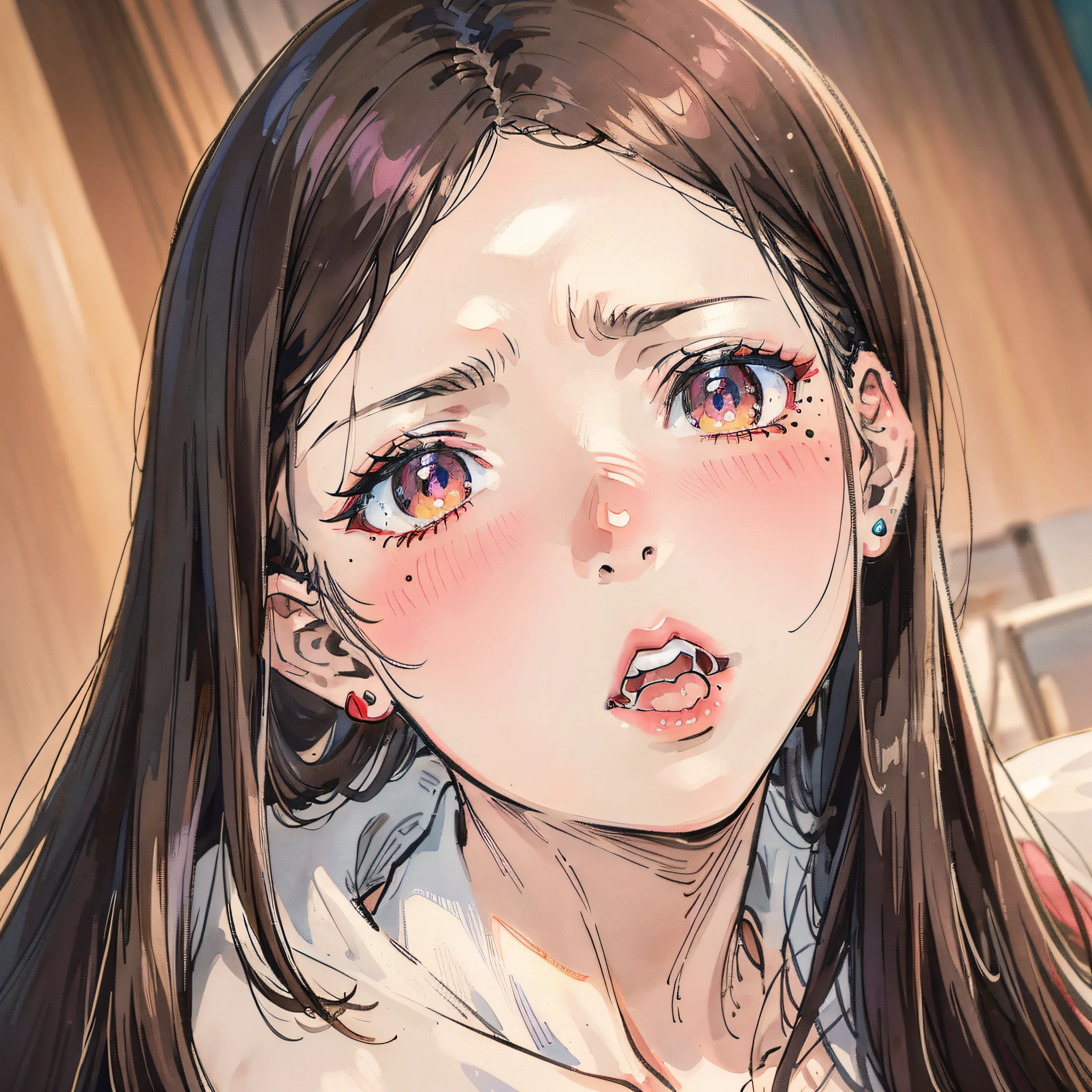 close-up of the face, cross-eye, Three colors of hair, Keep drooling, Full of temptation, full-face blush, saliva, mole under eye, color contact lenses, drill hair, depth of field, cinematic lighting, god rays, highres, super detail, high details, anatomically correct