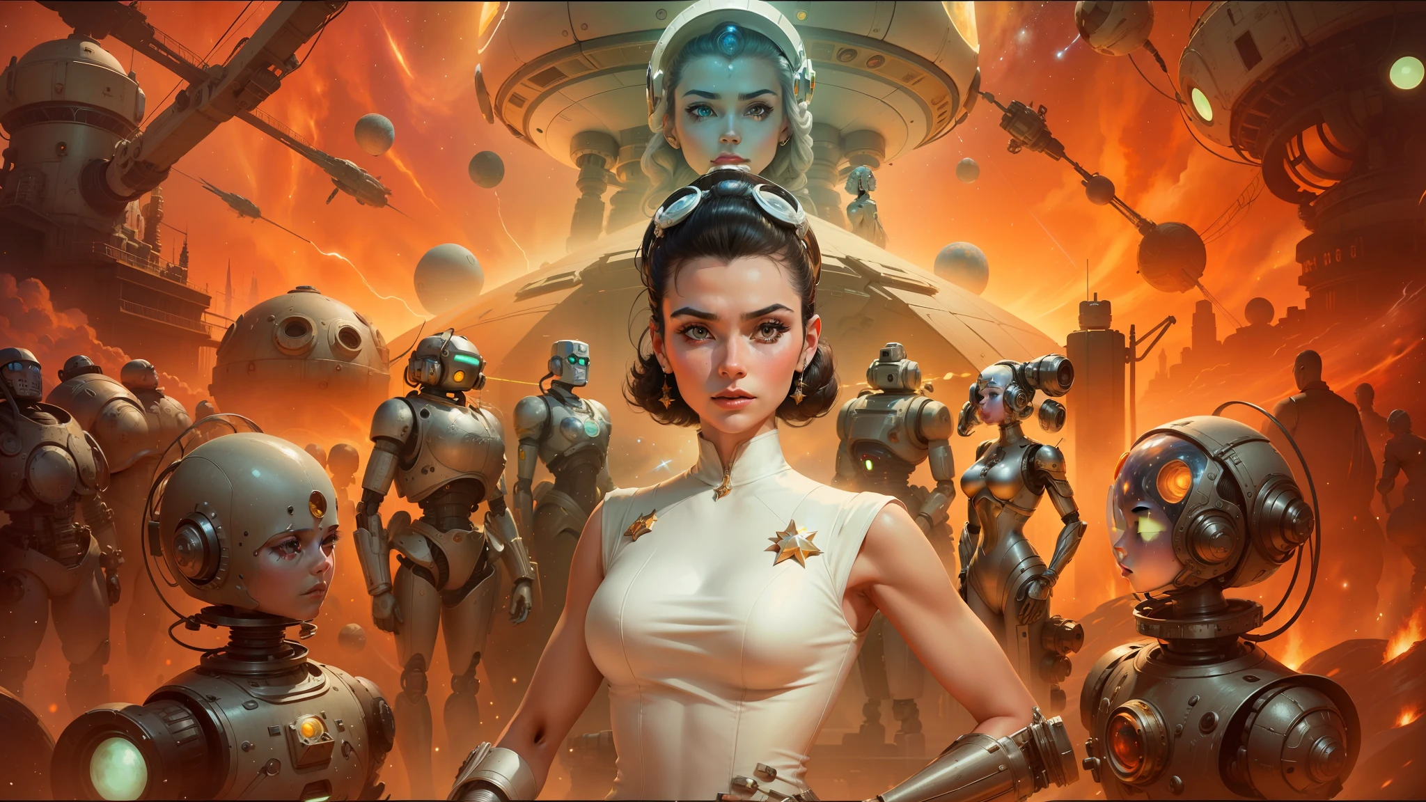 arafed image of a woman in a white dress standing in front of a group of robots, inspired by Stevan Dohanos, cosmic stars, panoramic centered view of girl, john stephens, post-nuclear, senior concept artist, pompadour, the jewelpunk aesthetic, widescreen ratio, divine cosmic female power --auto --s2