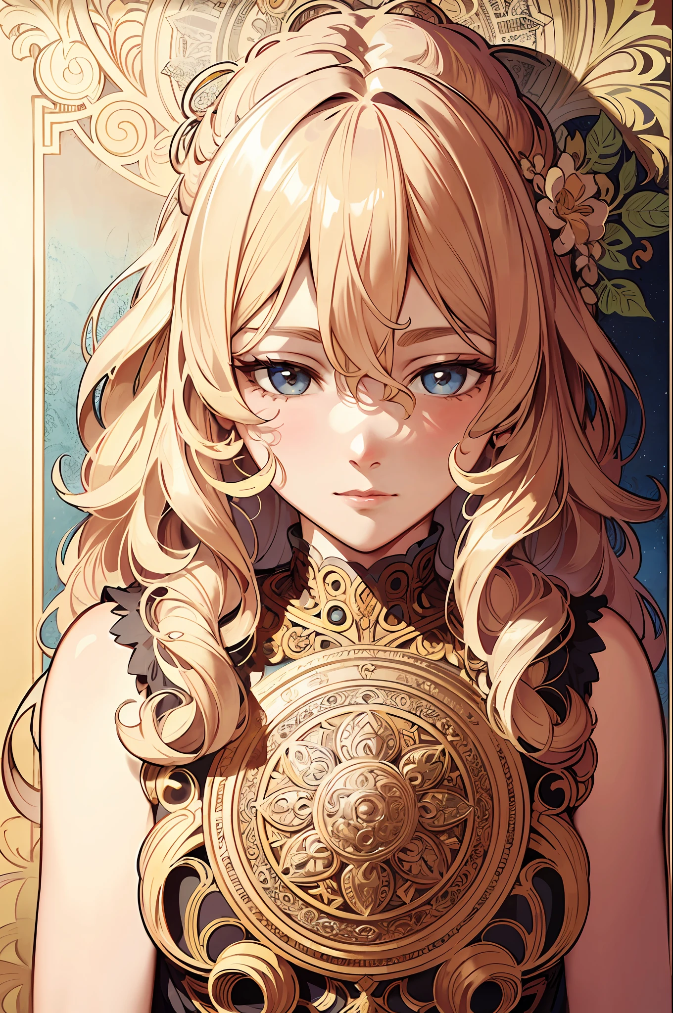 European woman's face portrait, long curly hair, blonde, flower frame, decorative panel, abstract art, by Alphonse Mucha (masterpiece, highest quality, high resolution: 1.4), detailed, intricate details, 4K, color splash, line art, Fibonacci, in underwear
