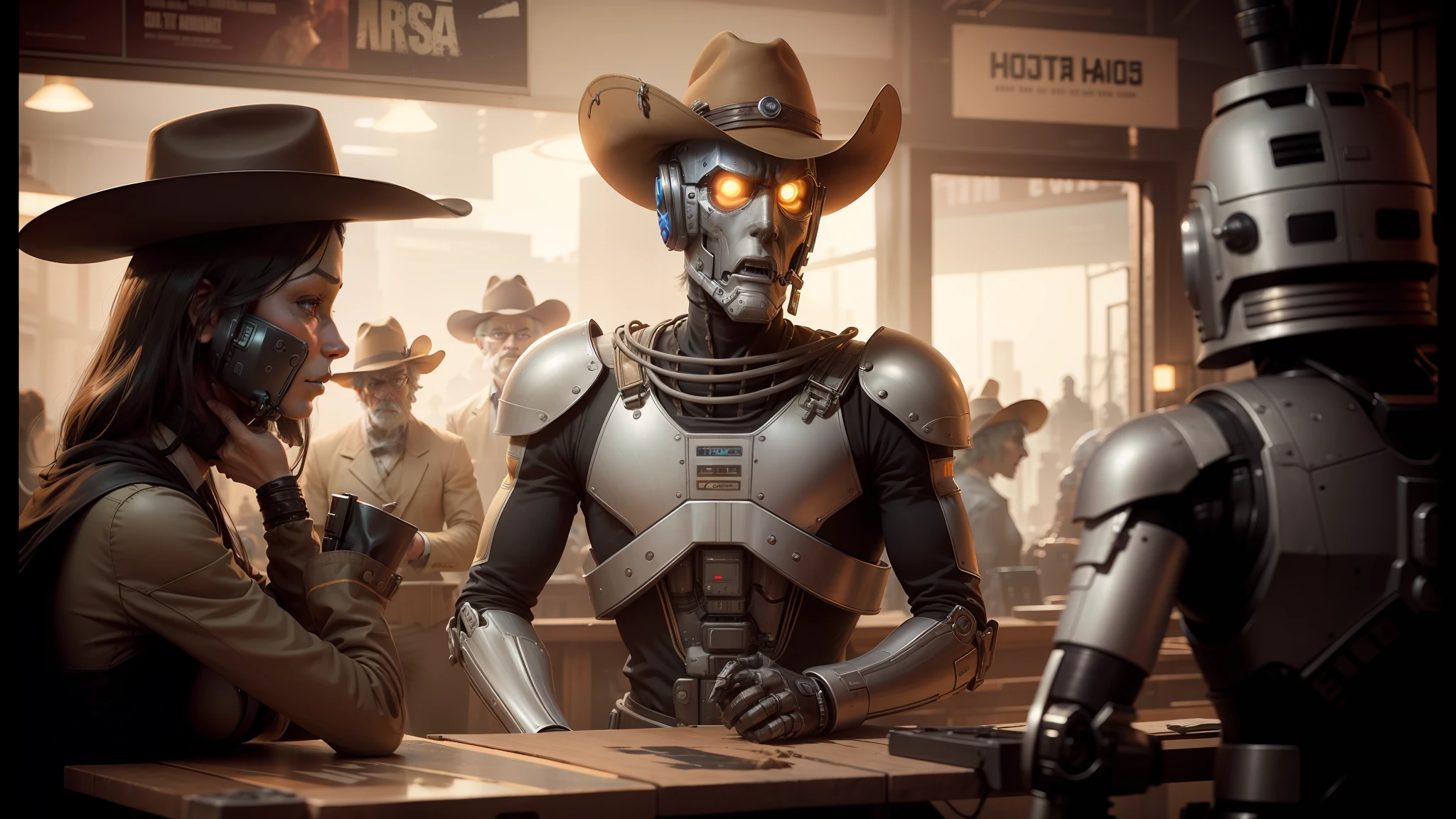 there are two people dressed up as cowboys and a robot, high definition cgsociety, cgsociety ), still frame from a movie, sony world photography awards, animatronics, pulp science fiction, gray anthropomorphic, character mashup, historical photography --auto --s2