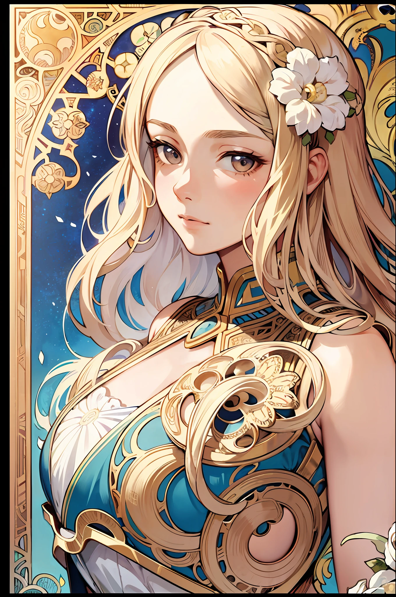 European woman's face portrait, long curly hair, blonde, flower frame, decorative panel, abstract art, by Alphonse Mucha (masterpiece, highest quality, high resolution: 1.4), detailed, intricate details, 4K, color splash, line art, Fibonacci, in underwear