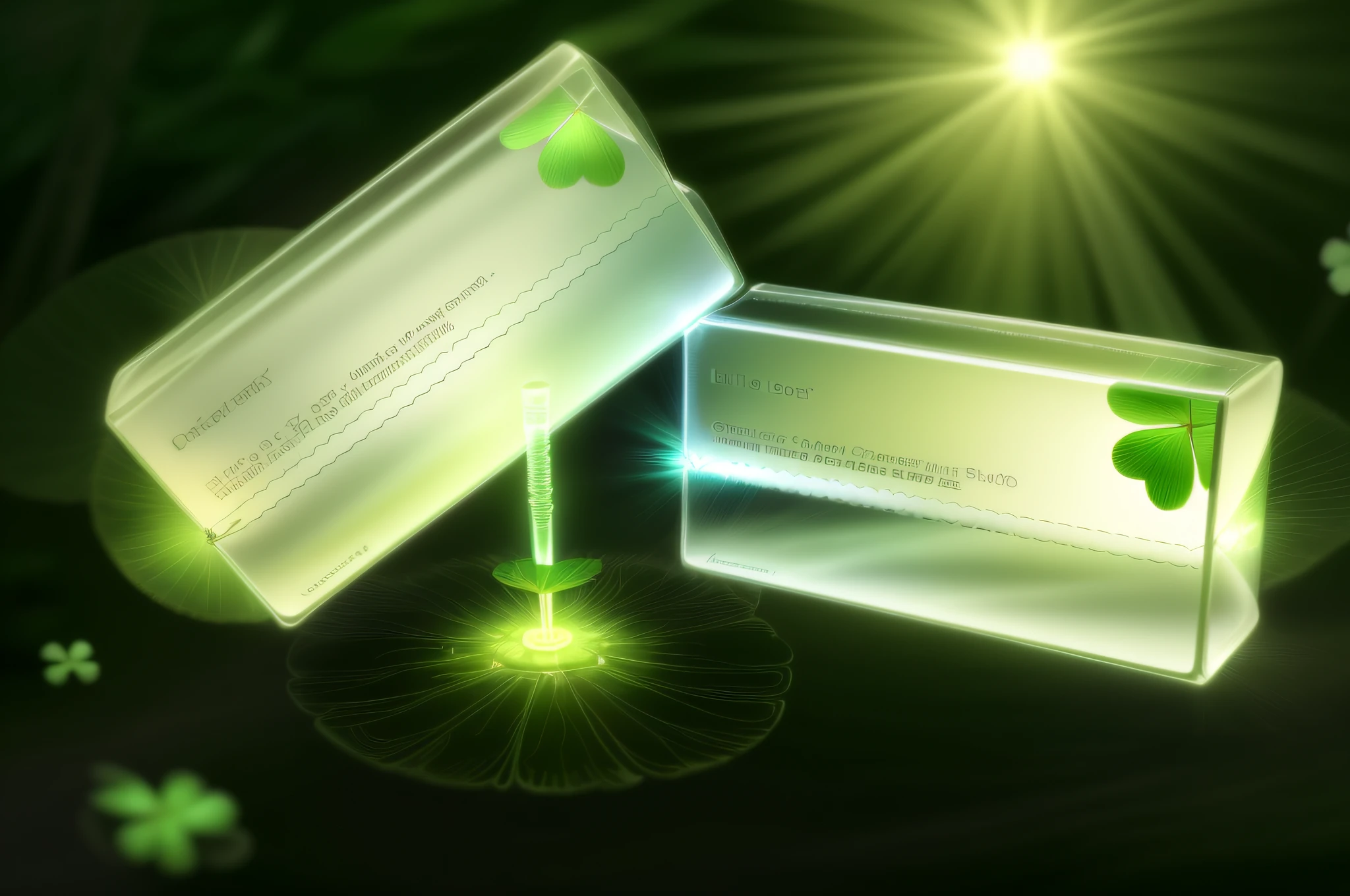 The best quality, beautiful reflections, the best reflections. (Very detailed CG unity 8k wallpaper), (best quality), (best shadows), forest theme with natural elements. Tall trees surrounded by delicate leaves and branches, as well as fireflies and glowing particle effects, (natural elements), (jungle theme), (glow), (particle effects) isometric 3D, Octane rendering, ray tracing, super detailed, (glowing four-leaf clover) exquisite picture layering, aesthetic atmosphere, the needle tube is white, the liquid is transparent, the edges of the needle tube are very clear, there is a small white transparent butterfly on the needle tube, four leaves