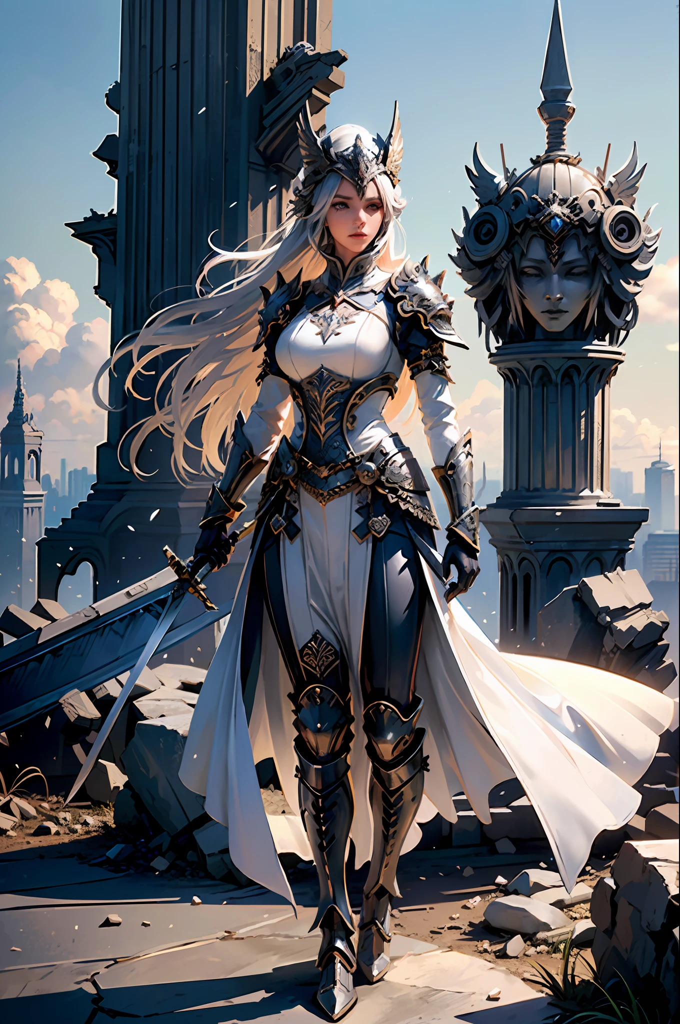((Woman, standing on a ruined building, close-up, realistic)) realistic visuals, artistic refinement, captivating beauty, dramatic contrasts, 8k wallpaper, absurdity, incredible absurdity, silver helmet gadaxintai gaodanvshen, ((holding a silver sword)), hair floating in the air, ((fighting stance))