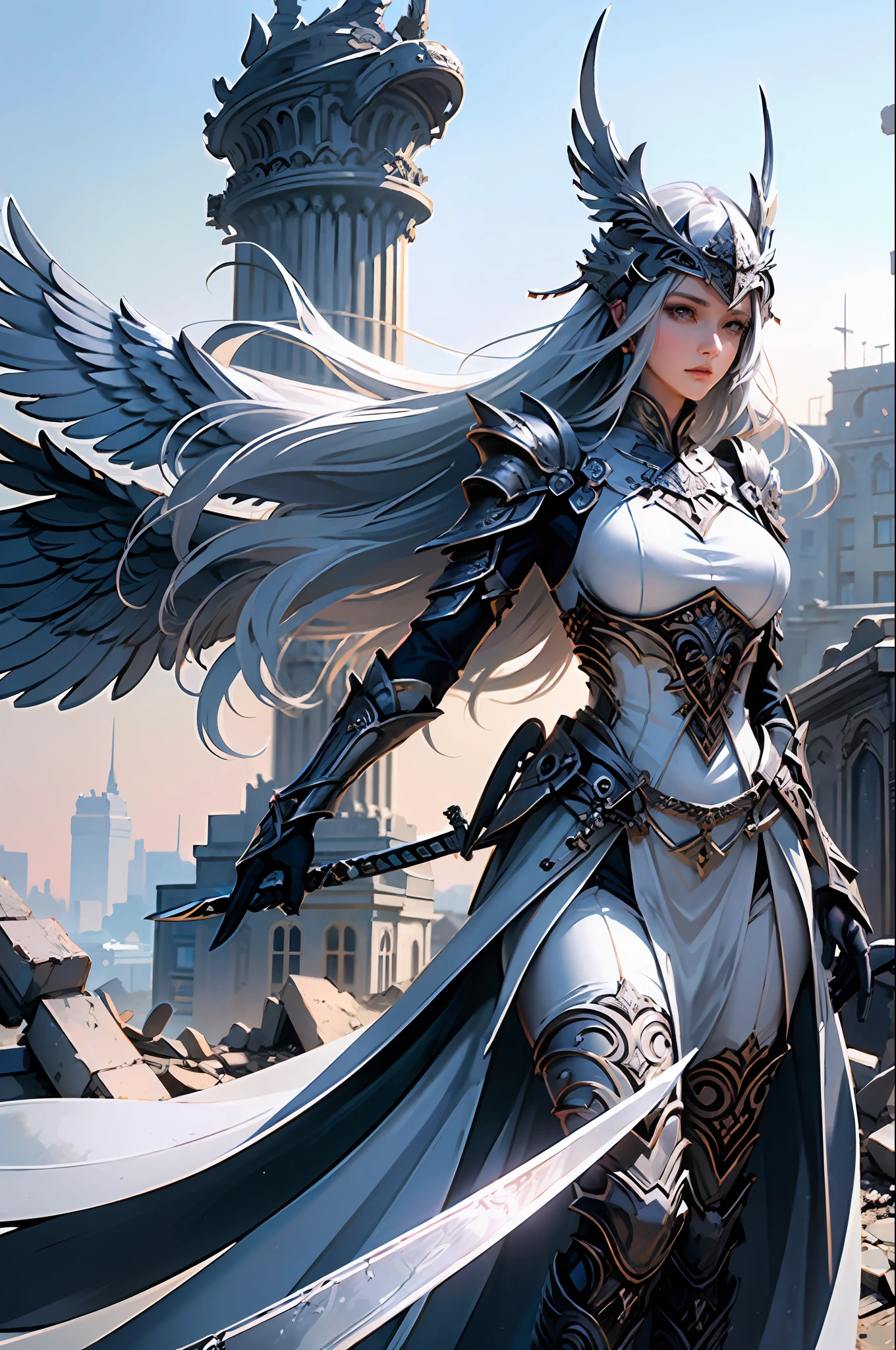 ((Woman, standing on a ruined building, close-up, realistic)) realistic visuals, artistic refinement, captivating beauty, dramatic contrasts, 8k wallpaper, absurdity, incredible absurdity, silver helmet gadaxintai gaodanvshen, ((holding a silver sword)), hair floating in the air, ((fighting stance))