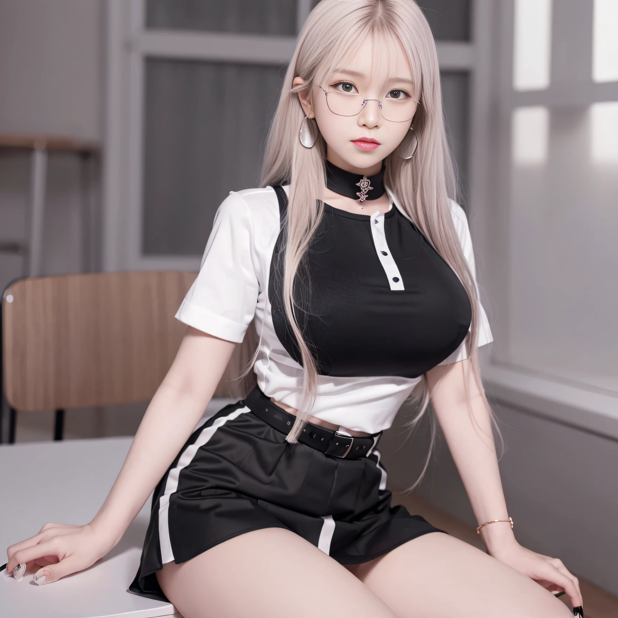 absurdres, 1girl, blush, (realistic:1.5), (masterpiece, Extremely detailed CG unity 8k wallpaper, best quality, highres:1.2), (ultra_detailed, UHD:1.2), perfect illumination, distinct, (1girl:1.4), looking at viewer, unreal engine, sidelighting, perfect face, detailed face, perfect body, beautiful eyes, pretty face, (bright skin:1.4), idol, (abs), ulzzang-6500-v1.1,,((narrow waist)),(blonde hair),MAHALAIUNIFORM,(((WHITE SHIRT SHORT SLEEVES))),((BLACK polished PENCIL SKIRT)),((BLACK PLEATED SKIRT)),((in the classroom)),(choker),((white shirt short sleeves )),((black pencil skirt)),(belt),((sitting on the table)),(Full body:1.4),bangs,((glasses)),sharp eyes,peck the corners of the mouth,silver earrings,hands in hair,silver watch,((medium ??????))