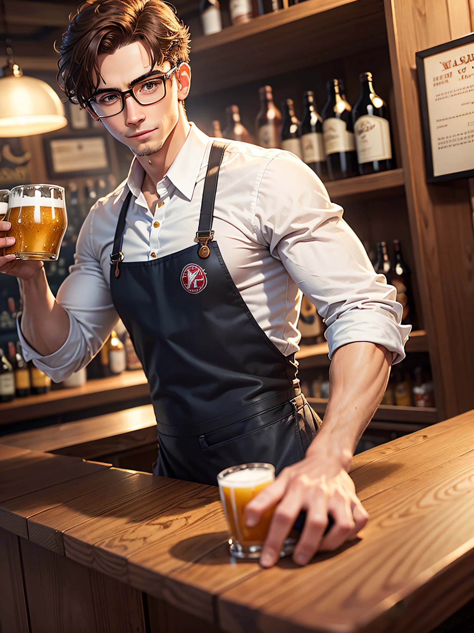 Pixarstyle bartender, young man, beer, beer glasses, wine bottles, spirits, apron, white shirt, brown hair, glasses, happy, totale, tap, best-quality, correct fingers, pretty face