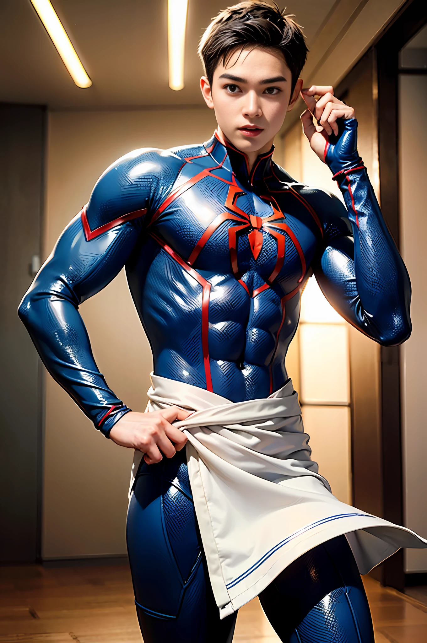 RAW,1boy, (A charming 18-year-old Chinese boy: 1.5), (no mask, face: 2), (no top, abs: 2) handsome, Spider-Man classic pose, shooting spider silk, masterpiece, super fine photo, best quality, super high resolution, photorealistic realism, sunny handsome, full body portrait, delicate face, vibrant eyes, he wears futuristic steel man Spider-Man costume, very detailed background, detailed face, detailed complex busy background, highly detailed skin, realistic skin details, visible pores, sharp focus, volumetric fog, 8k UHD, DSLR, high quality, film grain, photorealism, wheat-colored skin, (lower body bulge: 1.5), abs, broad shoulders and narrow waist, perfectly proportioned body, model