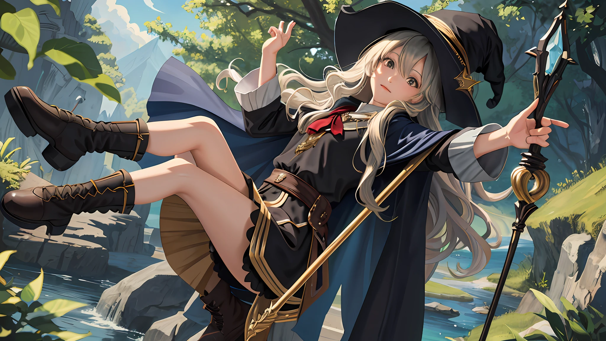masterpiece, best quality, looking at viewer, wavy hair, fringe, long hair, fantasy, wizard, outdoors, staff, cape, hat, black_pantyhose, boots,
medium skirt,