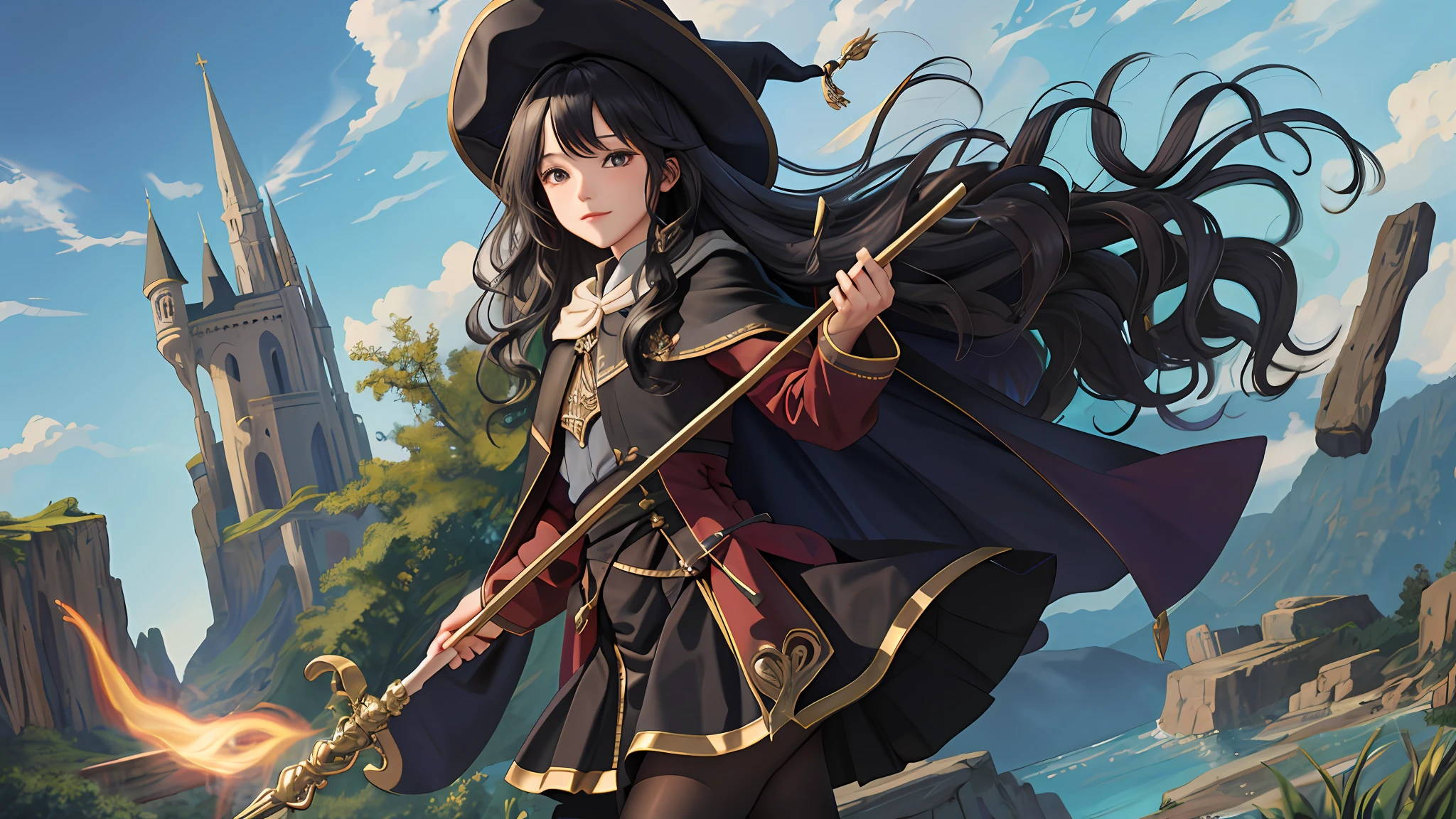 masterpiece, best quality, looking at viewer, wavy hair, fringe, long hair, fantasy, wizard, outdoors, staff, cape, hat, black_pantyhose, boots,
medium skirt,