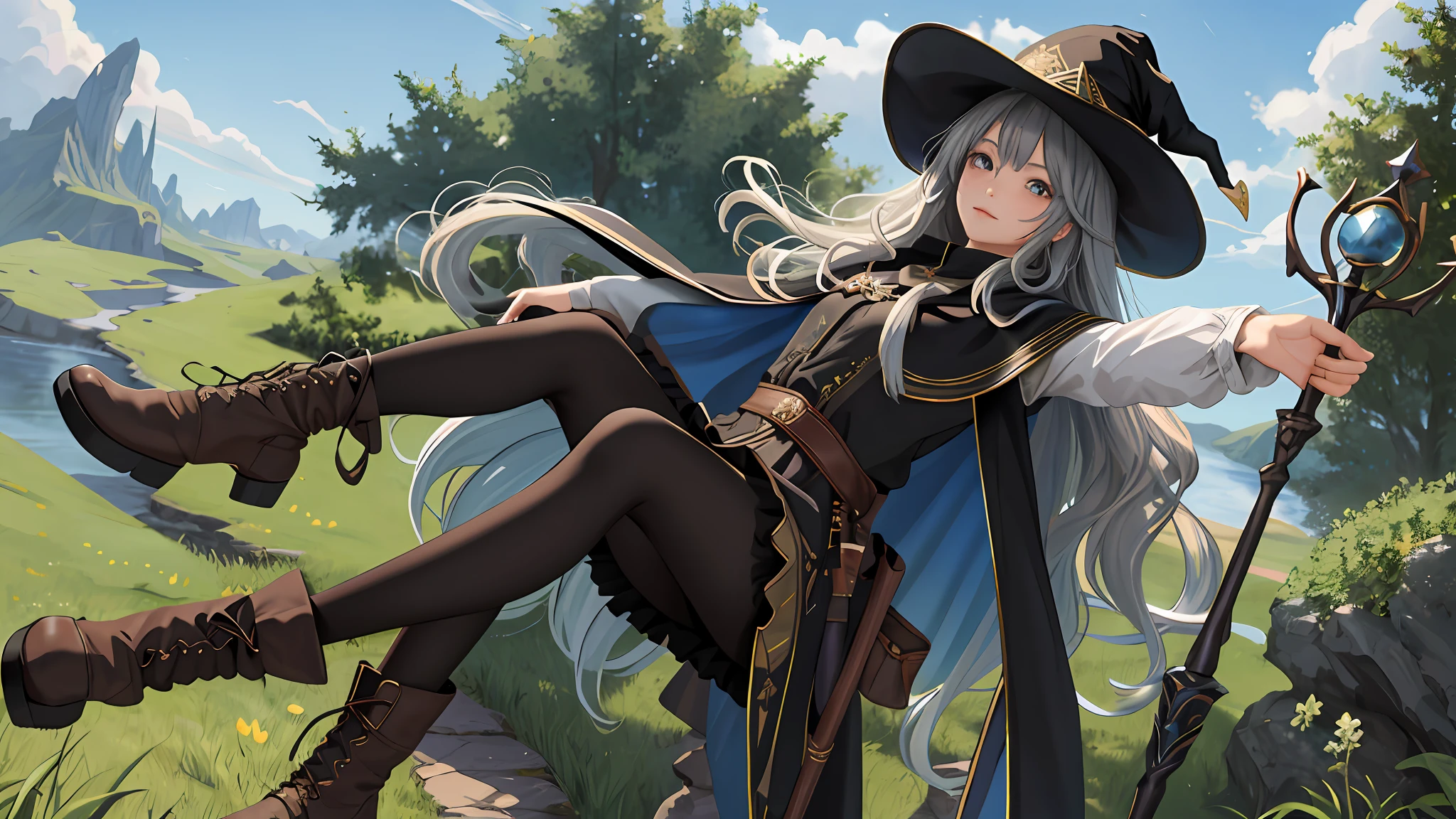 masterpiece, best quality, looking at viewer, wavy hair, fringe, long hair, fantasy, wizard, outdoors, staff, cape, hat, black_pantyhose, boots,
medium skirt,