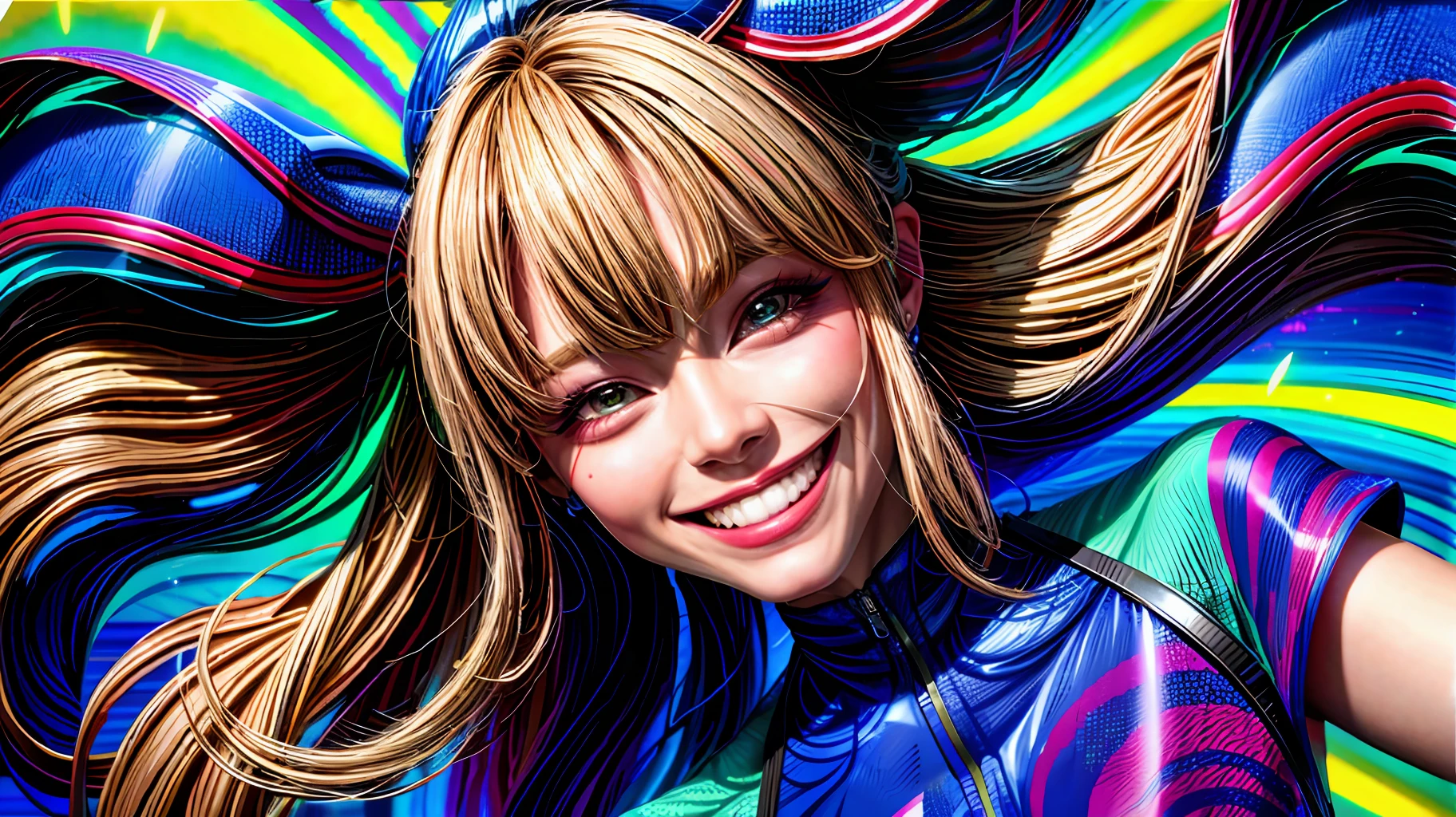 (close-up), portrait, portrait, (((BIG SMILE))), (solo), masterpiece, best quality, high contrast clothing, psychedelic, [[[lsd]]], particles, bloom, neon lighting, (brightness), flat color, color splashes, color mixing