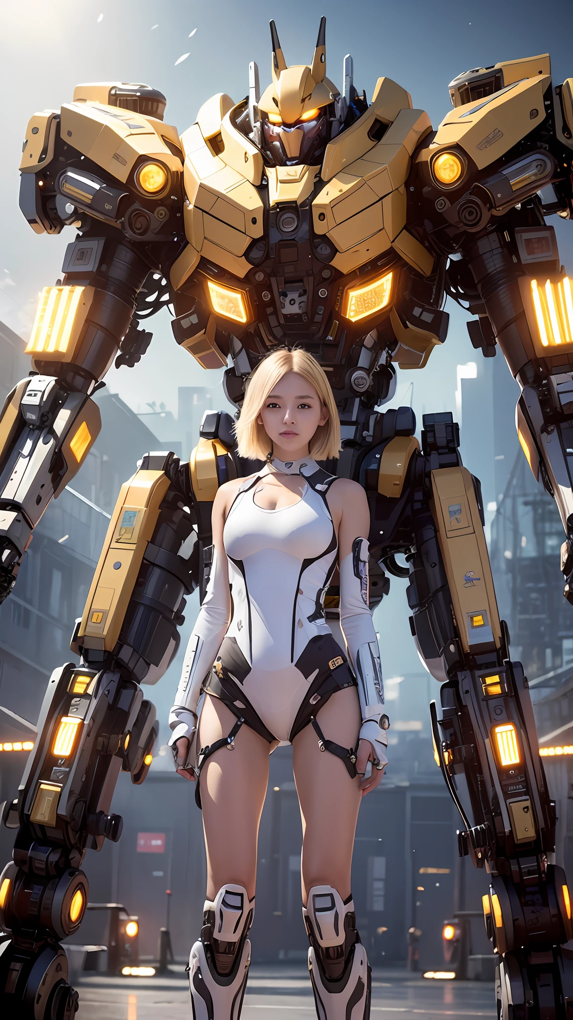 ((Masterpiece, top quality)), illustration, ultra-detailed 8k, photorealistic, sharp focus, highly detailed, professional lighting, colorful details, rainbow color BREAK factory extreme long shot, large mechanical monster robot structure, gandam, microchip, computer, glowing, intricate details, one person wearing a white bodysuit, blonde short-cut, A girl is standing in front of the audience,
