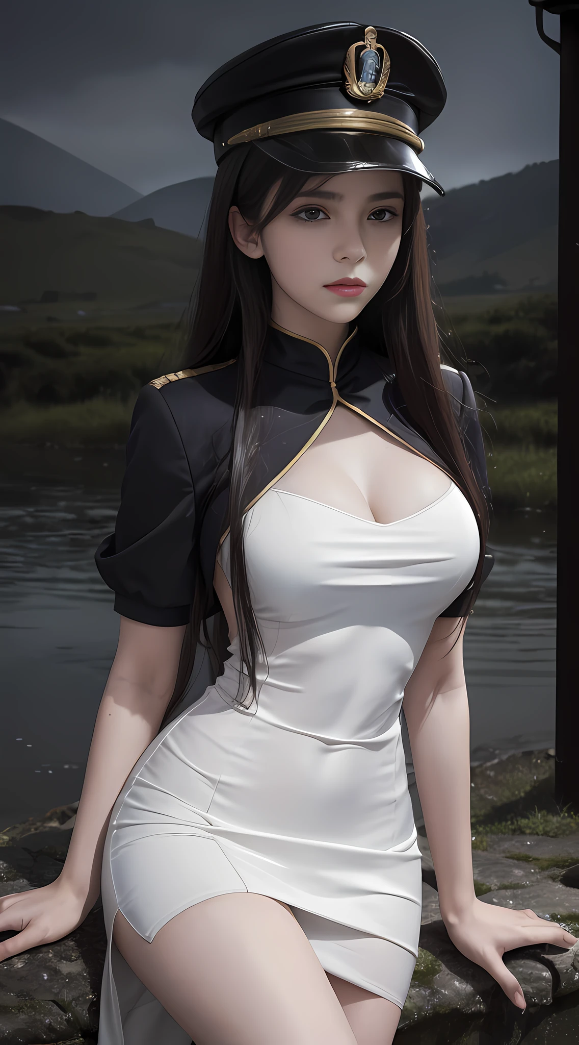 (1girl:1.3), Solo, __Body Parts__Delicate and Lifelike Skin, Pale Skin, Big, Official Art, Unified 16k Wallpaper, Ultra Detailed, Beauty and Aesthetics, Beautiful, Masterpiece, Best Quality, Night, Rain, On the Battlefield, Real, Cool Fire Emblem Military Uniform, Military Hat, Jiro Legs, Fantastic Atmosphere, Peaceful Mood, Soft Shadows, Seductive Charm