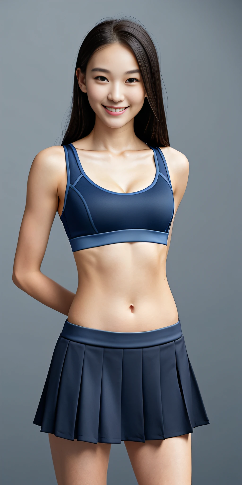 neat college girl, petite person, (suit, dark blue skirt, sports bra), outside the athletic field, (slim), photorealistic, detail, skin texture, ultra detail, delicate and sexy collarbone, smile, super detailed face, detailed lips, detailed eyes, double eyelids, constriction, navel, small breasts, small breasts, small, small, flat chest