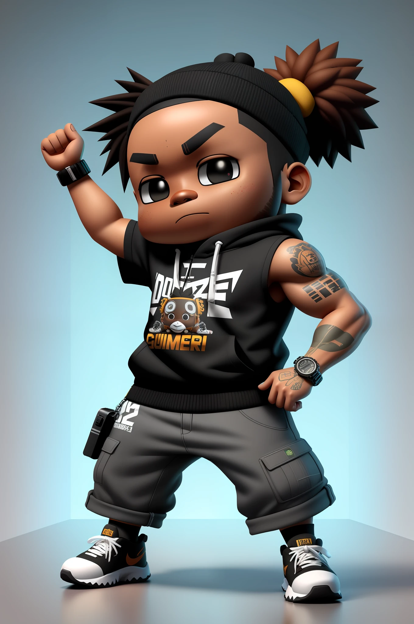 Create a 12K resolution of a 3D [gritty Hip Hop] chibi style character in detailed full body, highly detailed, vibrant, ultra high quality, Hyperrealism, Photorealism, [octane render]