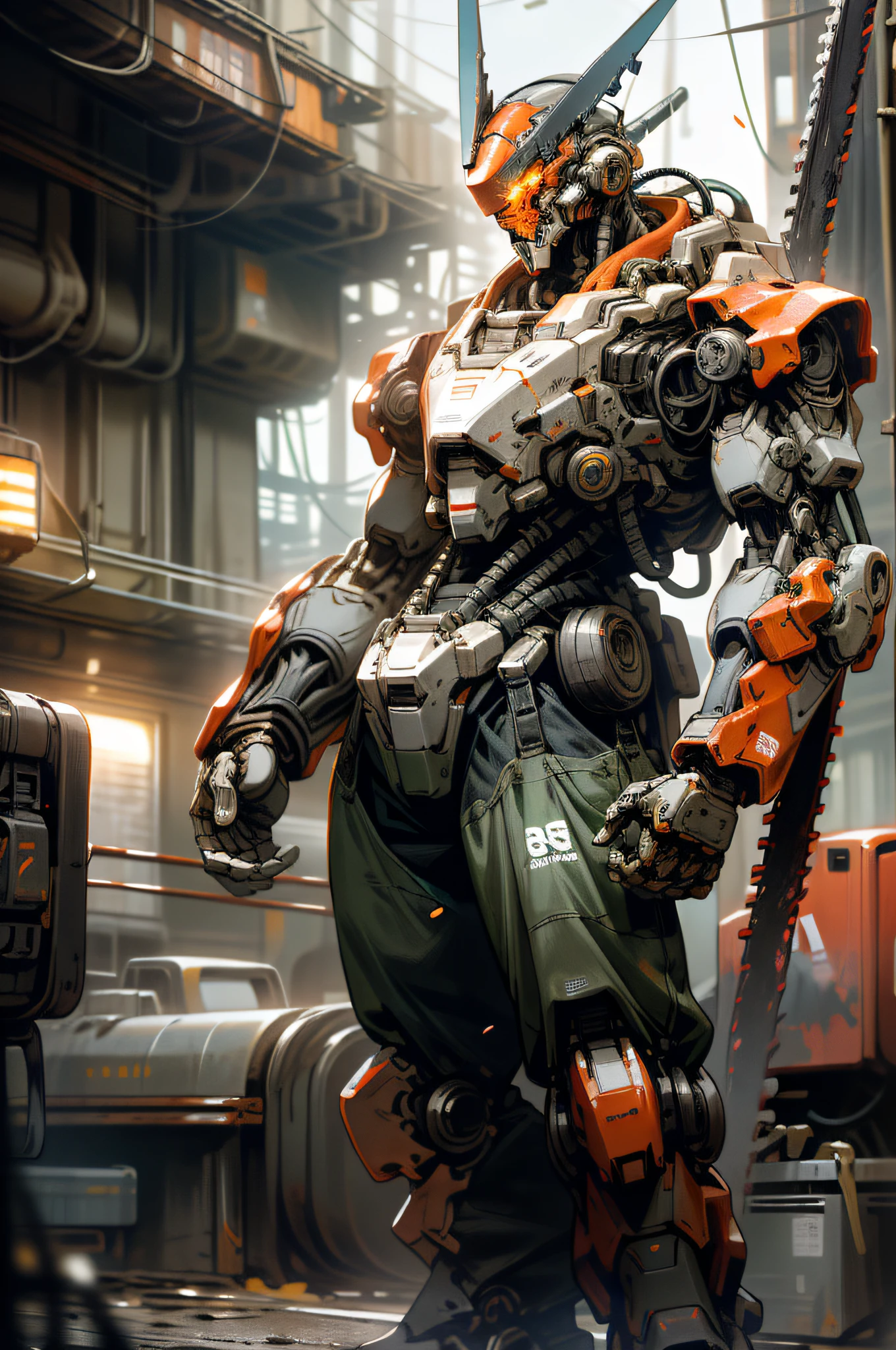 On the moon, barren planet, ruins, holding weapons, no humans, glowing, robot, building, glowing eyes, orange mech, science fiction, city, reality, mecha, galaxy background, full body, neon, cyber Punk, 8K wallpapers, ultra-detailed artwork, cinematic lighting, realistic photos, Dark_Fantasy, Cyberpunk, (chain saw, chain saw man, Red: 1.1), 1man, Mechanical marvel, Robotic presence, Cybernetic guardian, wearing a worn-out machine armor suit, intricate, (steel metal [rust]), elegant, sharp focus, photographed by greg rutkowski, soft lighting, vibrant colors, masterpiece, ((street)), cowboy shot, dynamic pose,