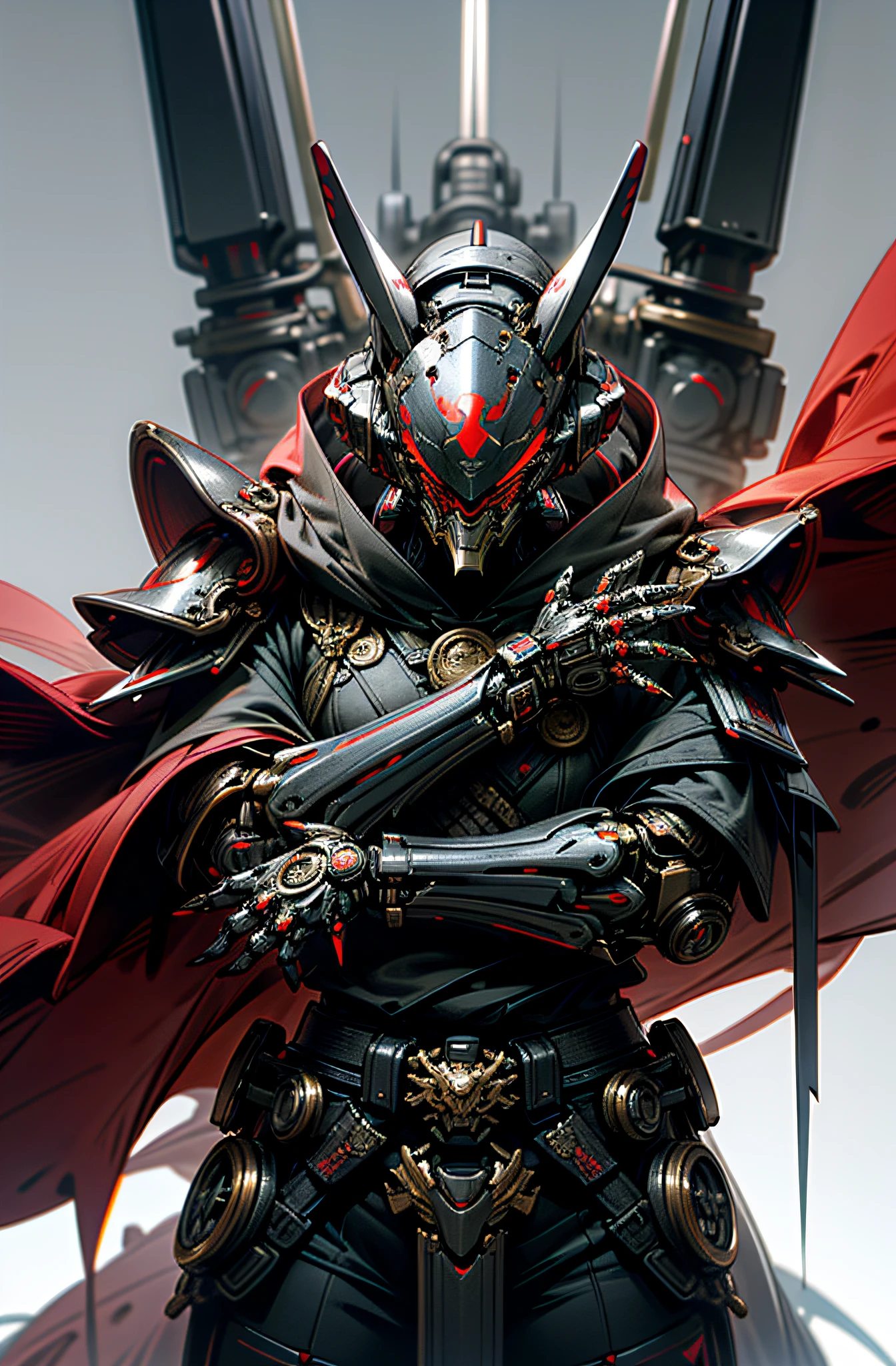 Dark_Fantasy,Cyberpunk,1manMechanical marvel,Robotic presence,Cybernetic guardian, samurai mechanical armour, katana on the waist, absolutely stunning art,wearing a black cloak, highest quality art, highest resolution, hyper detailed,black and red