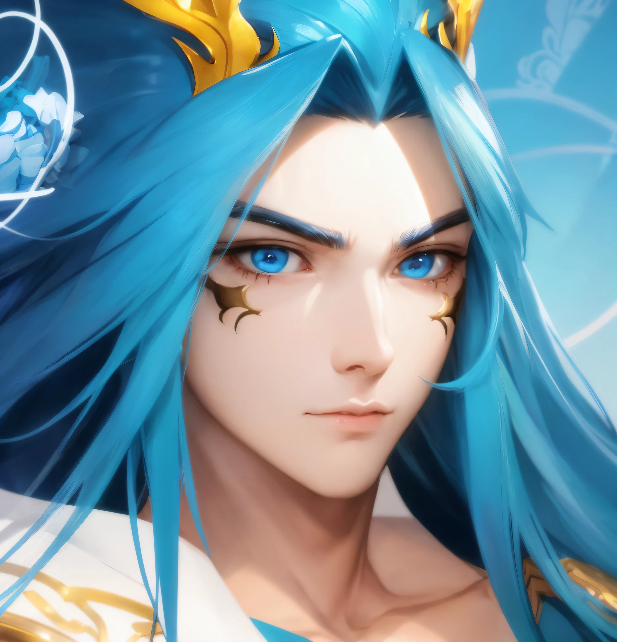 Anime boy with blue hair and blue eyes and a golden crown, Kurase Jinyao, inspired by Huang Shen, artistic germ. High detail, portrait of a knight of the zodiac boy, Artgerm on ArtStation Pixiv, portrait of Onmyoji, extremely detailed ArtGerm,! Dream art, Zhao Yun, serene expression