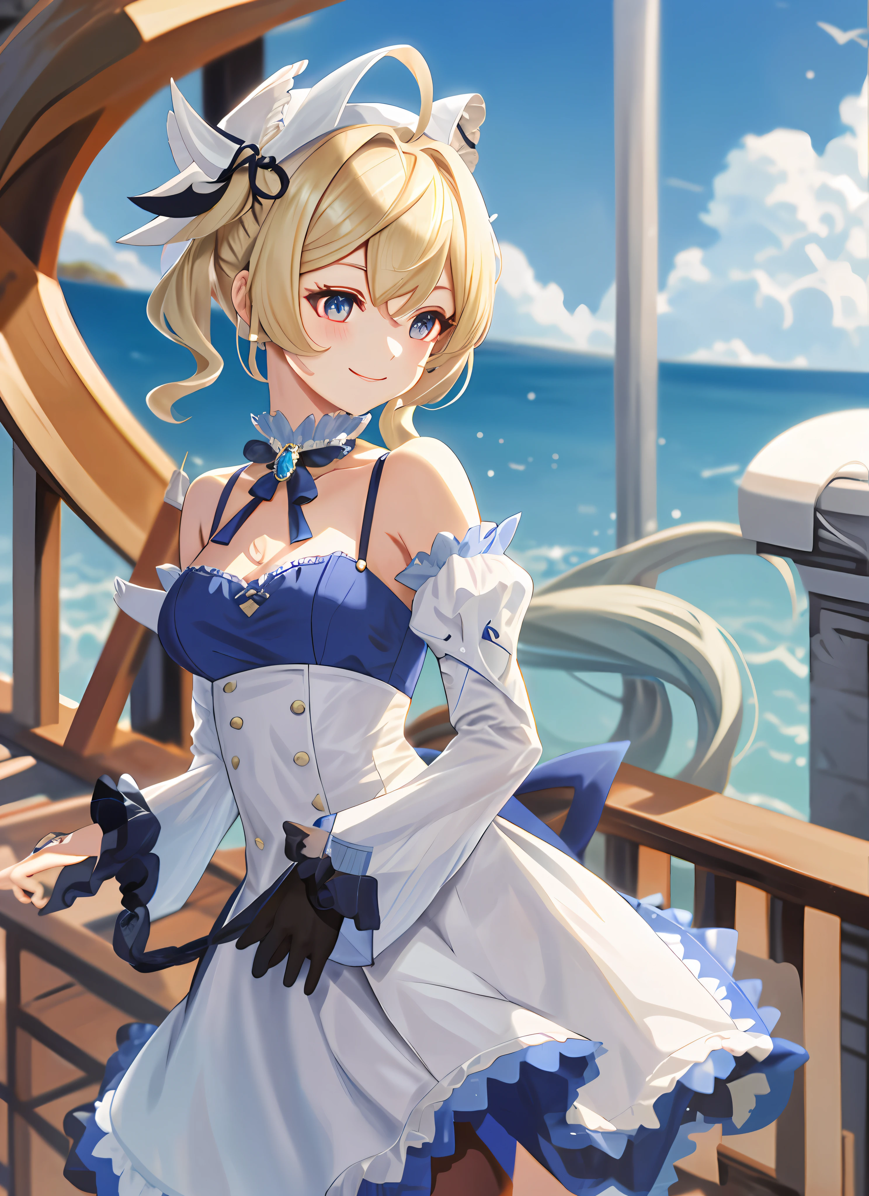 barbaradef,genshin impact,blonde short hair,twintails,wavy hair,white dress,ribbon,tube top,frills,blue eyes,small breasts,cocktail hat,frill choker,chest riboon,long sleeves,smile, sweat,aqua hair,
