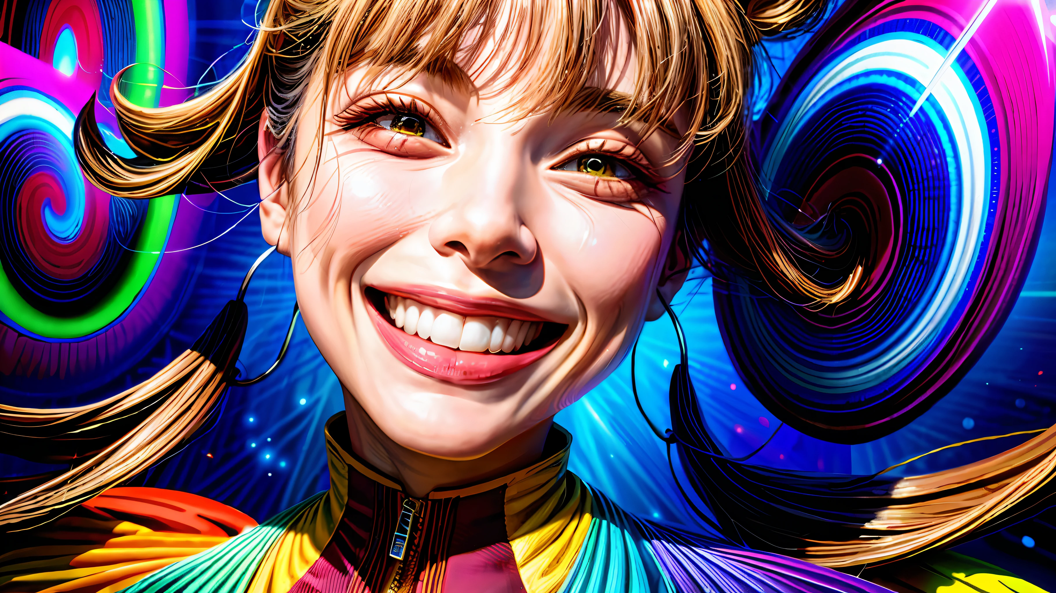 (close-up), portrait, portrait, (((BIG SMILE))), (solo), masterpiece, best quality, high contrast clothing, psychedelic, [[[???]]], particles, bloom, neon lighting, (brightness), flat color, color splashes, color mixing