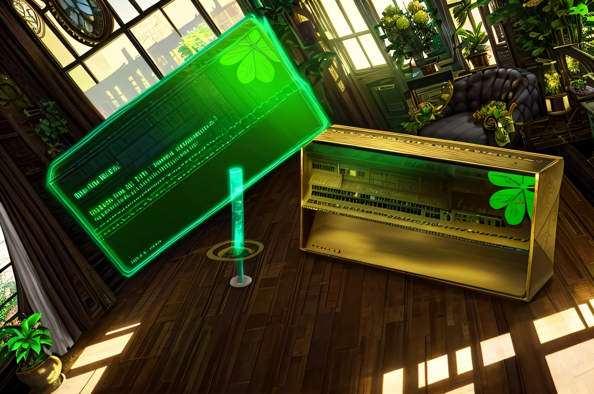 Architectural Digest photo of a maximalist green {vaporwave/steampunk/solarpunk} living room with lots of flowers and plants, golden light, hyperrealistic surrealism, award winning masterpiece with incredible details, epic stunning