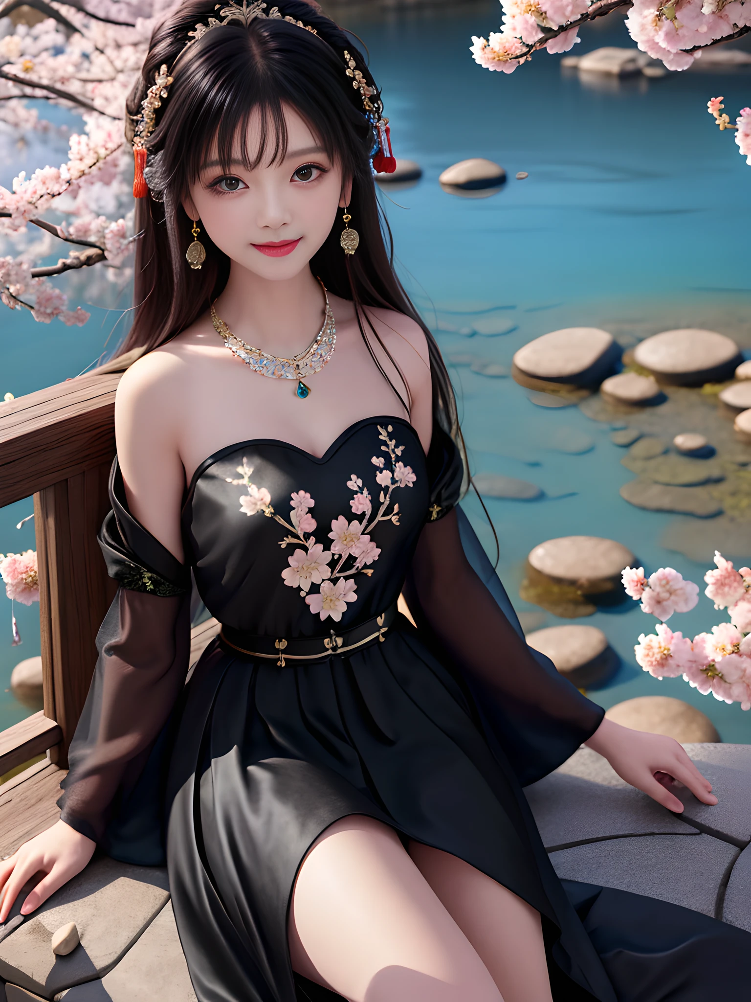 (((A girl))), ((solo)), (Best quality: 1.4), Masterpiece, High quality, High resolution, Excellent, Photo, 8k, wallpaper, very realistic and realistic, sitting on stone, (blush), star pupil, (realistic face), (high detail face), smile, healing smile, cherry lips, bright big eyes, delicate eyelashes, beautiful face, beautiful and delicate face, (realistic skin), soft light, Chinese Ming dynasty Hanfu, (((black dress))), ( Short skirt), (bandeau), (cleavage), (large chest), leaky shoulders, (leaky legs), long sleeves, (long hair), (bangs), (hair accessories), jewelry, necklaces, jewelry, beauty, ((mountain), (lake), (cherry blossom bloom)), high detail background, 8k, HDR, DSLR, high quality, voyeur, photo, high resolution, 4k
