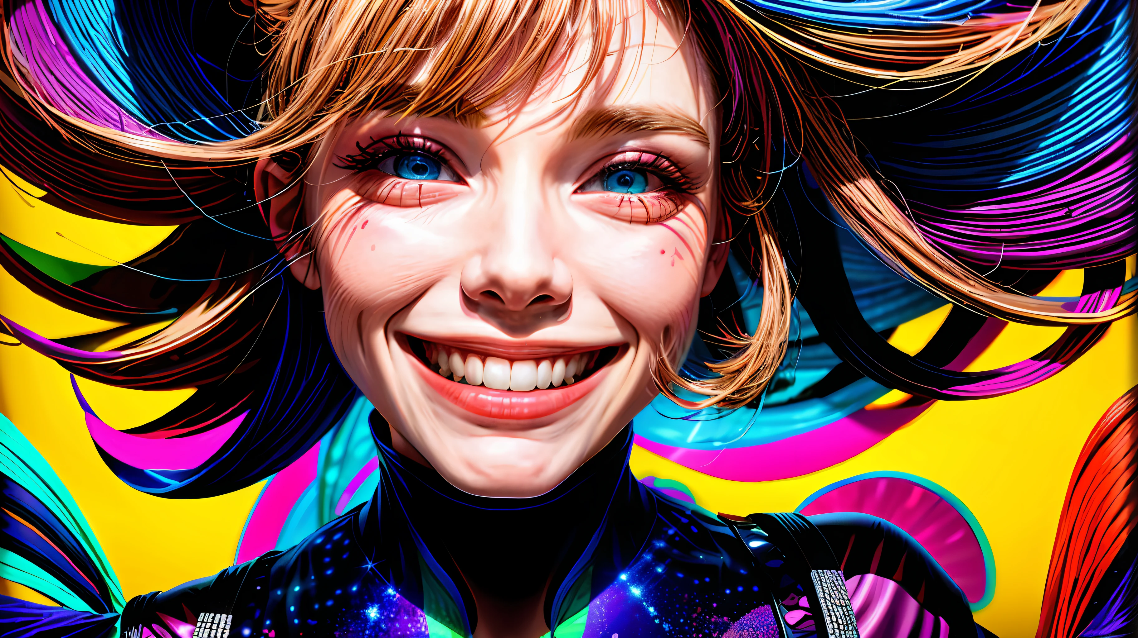 (close-up), portrait, portrait, (((BIG SMILE))), (solo), masterpiece, best quality, high contrast clothing, psychedelic, [[[lsd]]], particles, bloom, neon lighting, (brightness), flat color, color splashes, color mixing
