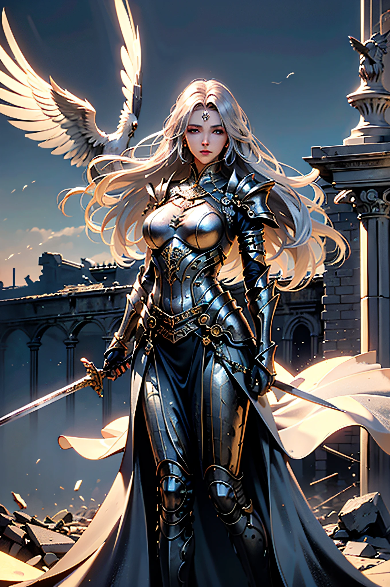((Woman, standing on a ruined building, close-up, realistic)) realistic visuals, artistic sophistication, captivating beauty, dramatic contrasts, 8k wallpaper, absurdity, incredible absurdity, golden armor, gadaxintai gaodanvshen, (holding silver sword)), hair floating in the air, ((in battle))