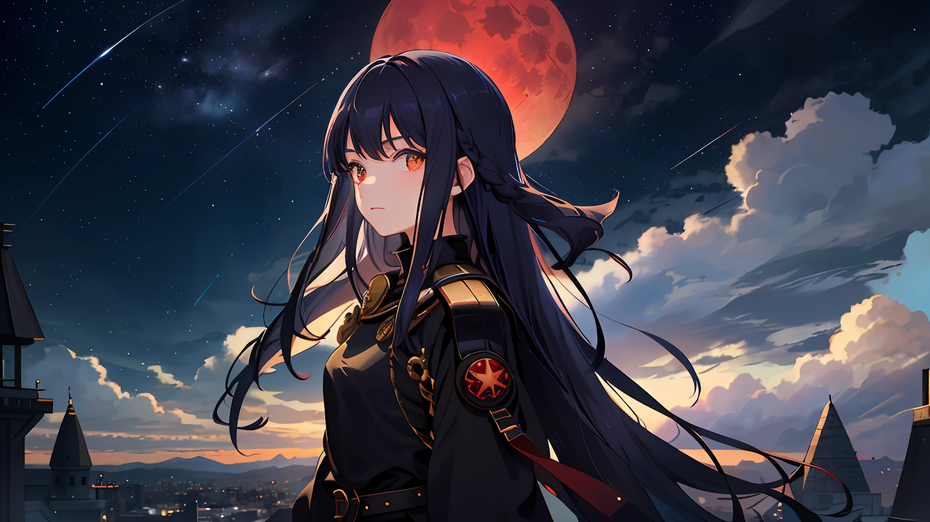 1girl,12 years old,solo, red moon, moon, long hair, looking at viewer, green eyes, bangs, upper body, full moon, closed mouth, night, sky, star (sky), black hair, from side, breasts, looking to the side, night sky, blue hair, starry sky, eyelashes,red eyes