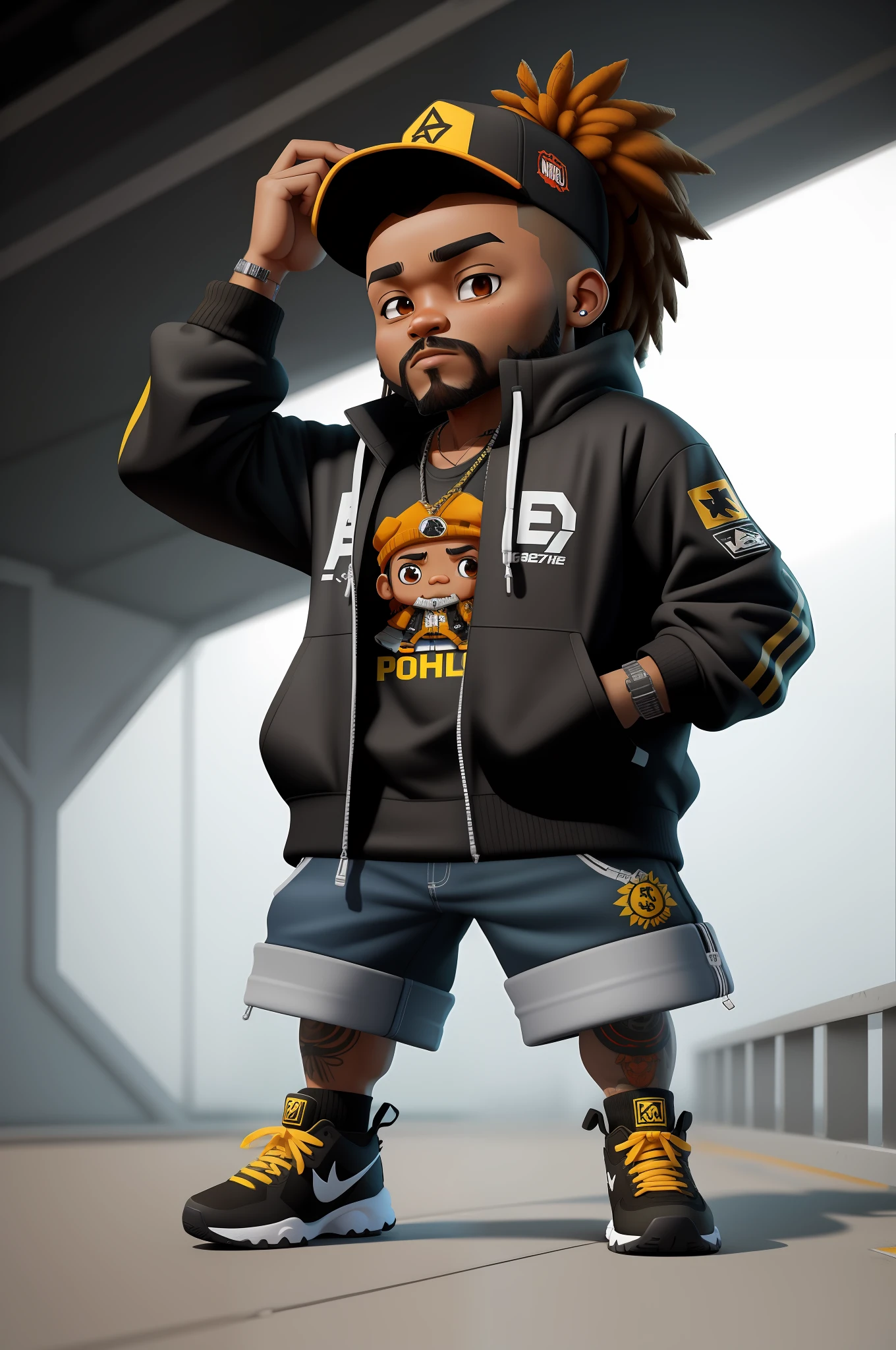 Create a 12K resolution of a 3D [gritty Hip Hop] chibi style character in detailed full body, highly detailed, vibrant, ultra high quality, Hyperrealism, Photorealism, [octane render]