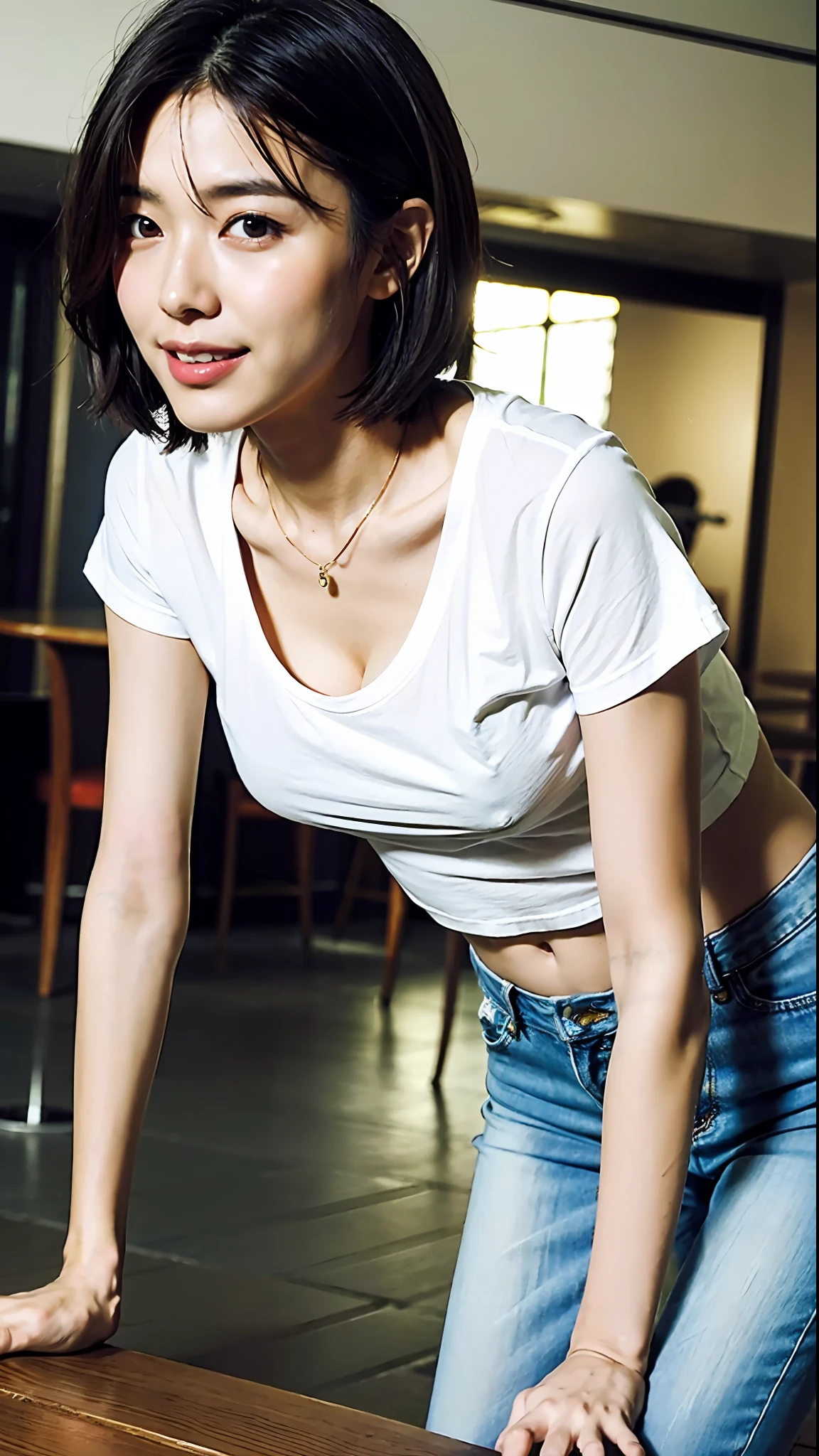 (Best quality, 8k, 32k, Masterpiece, UHD:1.2),Photo of Pretty Japanese woman, 1gril,black short hair,large breasts,(detailed white loose t-shirt:1.2),denim pants,necklace,(detailed blue lace bra:1.1),(leaning forward:1.8),looking at viewer,pov,looking down,across table,(hands on table:1.1),smile,in cafe,upper body, all fours