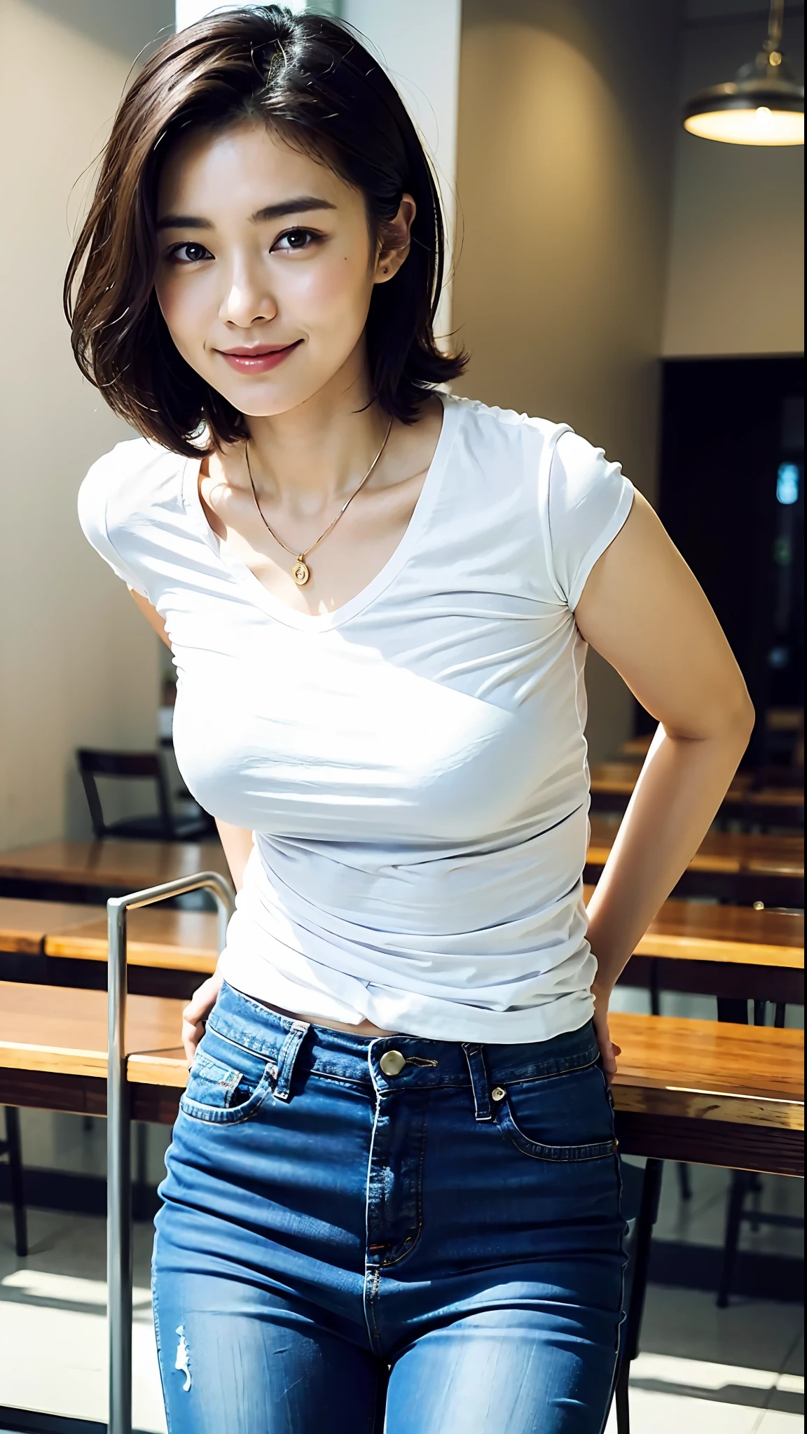 (Best quality, 8k, 32k, Masterpiece, UHD:1.2),Photo of Pretty Japanese woman, 1gril,black short hair,large breasts,(detailed white loose t-shirt:1.2),denim pants,necklace,(detailed blue lace bra:1.1),(leaning forward:1.8),looking at viewer,pov,looking down,across table,(hands on table:1.1),smile,in cafe,upper body, all fours