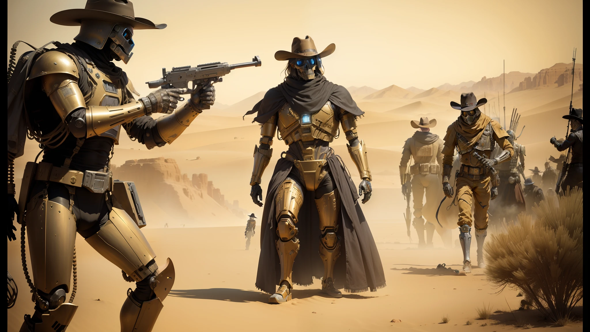 cowboys in a desert with guns and a skeleton, the golden humanoid robot, cinematic style photograph, hardcore techno, by Matteo Pérez, by Robert Noble, neil young design, costumes, salvia droid, intricate armour costumes, noir animation, megadeth, western --auto --s2